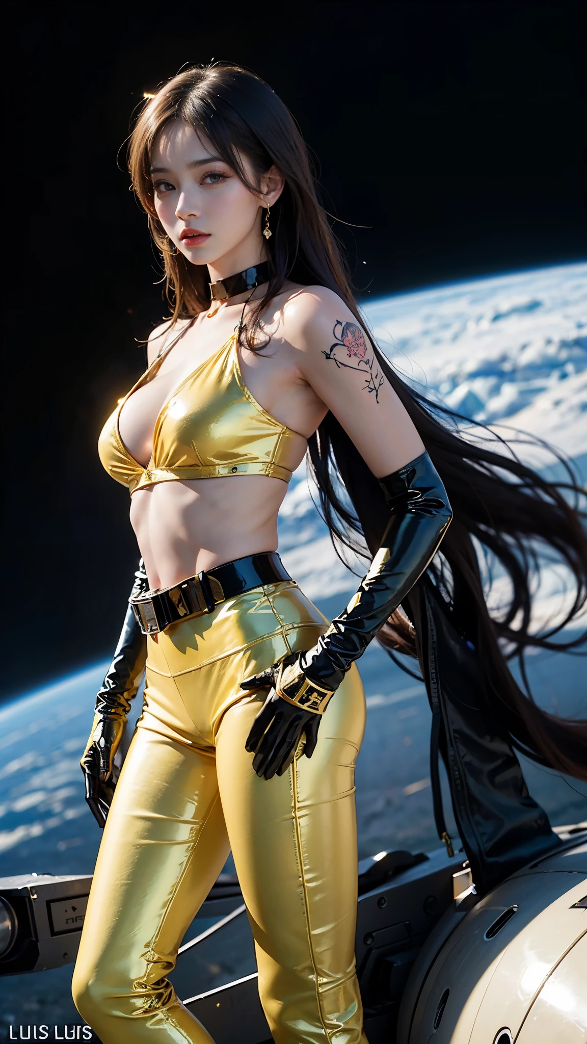 ((masterpiece:1.4)、(highest quality:1.4)、(realistic:1.7))、master piece:1.4、(Finest rendering:1.4)、(Yuki, the beautiful navigator of Space Battleship Hikari:1.4)、Super beautiful航海士Yuki、(Written by Luis Royo:1.4)、(Uniforms that highlight your beautiful style:1.2)、(Futuristic sci-fi battle fashion:1.2)、(street style wear)、(tight fit pants)、(Luxurious shiny latex:1.4)、(luxury yellow latex:1.4)、19 years old、(cute tattoo:1.4)、(wearing yellow gloves)、cute girl、Super beautiful、(seductive pose)、sharp focus、portrait photography:1.4、8k、realistic photo images:1.4、(perfect female body:1.4)、perfect proportions、(standing:1.4)、(Upper body photography:1.4)、beautiful face、fearless look、beautiful eyes、(A girl with a beautiful body that emphasizes her slender abdominal muscles)、narrow waist、(9 life size beautiful style girl)、(Beautiful girl with long legs and good style:1.4)、beautiful feet、(long hair:1.2)、dark makeup、eye shadow、Glow eye、glow lip、beautiful breasts、big breasts:1.2、sexy butt、(standing facing forward:1.4)、Raw photo、red lips、yellow high heels:1.4、choker:1.4、necklace:1.4、earrings:1.4、1 screen display、Space Battleship Hikari's bridge:1.2