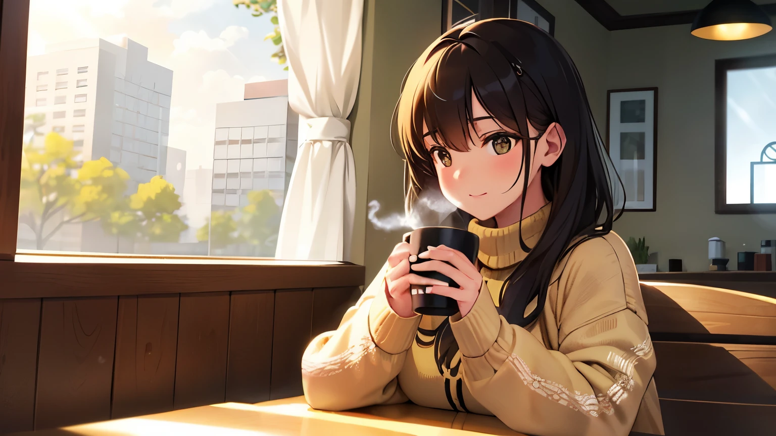 A serene scene at Sunny Coffee Cup Cafe: A girl, dressed in a cozy sweater and sipping on a steaming hot cup of coffee, takes a relaxing break. The sunlight filters in through the cafe windows, casting a warm glow on the scene. With a contented expression, she gazes out at the passing crowd, a sense of peace and tranquility surrounding her. The intricate details of her face, highlighted by the sunlight, are rendered in perfect quality, with each feature accentuated by the best lighting. The empty coffee cup on the table, half-hidden by the hood of her cardigan, adds to the laid-back atmosphere of the image. This masterpiece, full of texture and