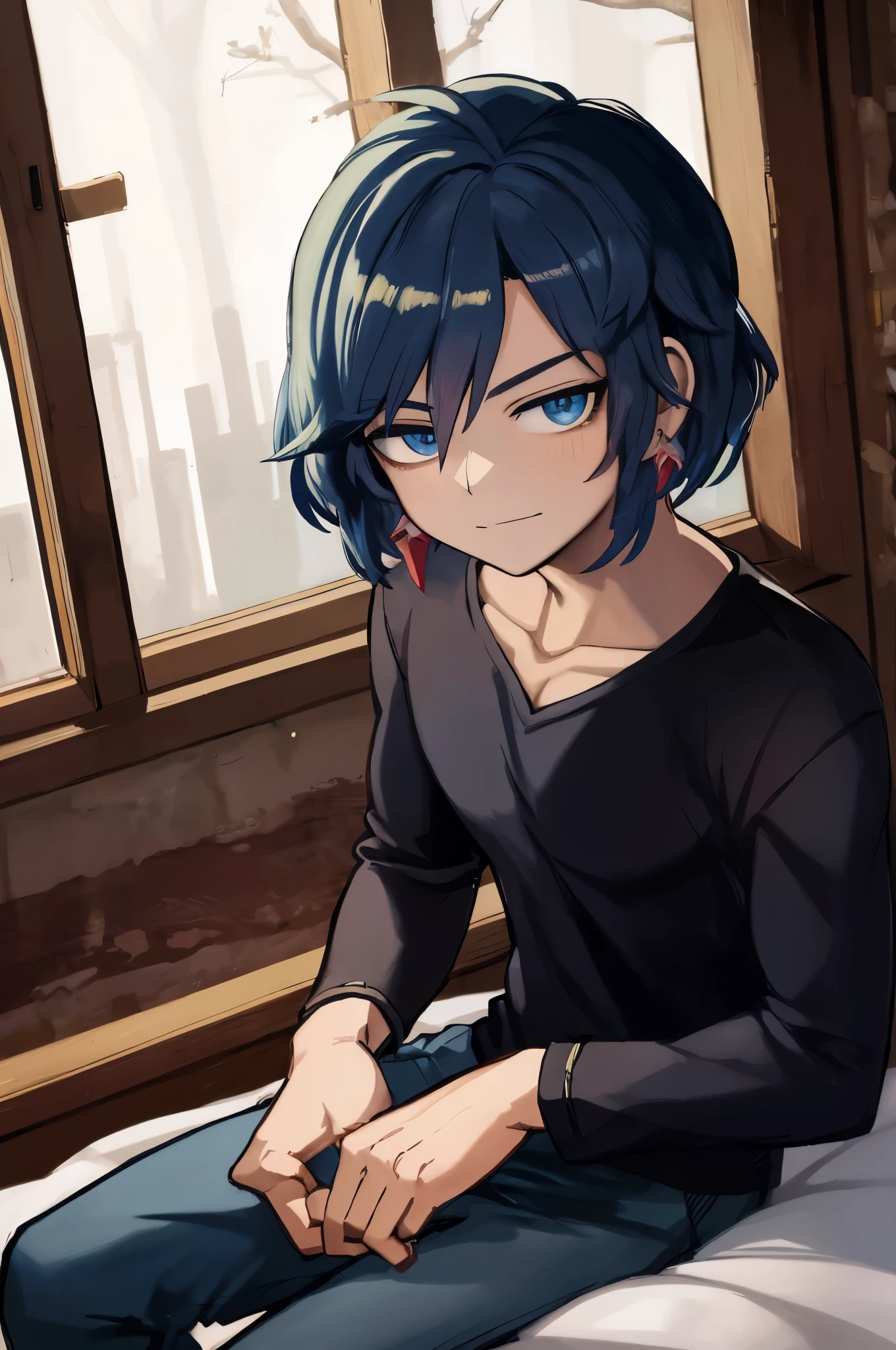 Anime - imagem de estilo de umhomem musculoso sentado em uma cama em um quarto, estilo de arte anime moe, [[[[sorriso gentil]]]], retrato estilo anime, em estilo anime, em estilo anime, pintado em anime painter studio, Anime digital illustration, retrato da menino, tou, 2 d estilo anime, homem de cabelo azul medio, estilo anime 4K