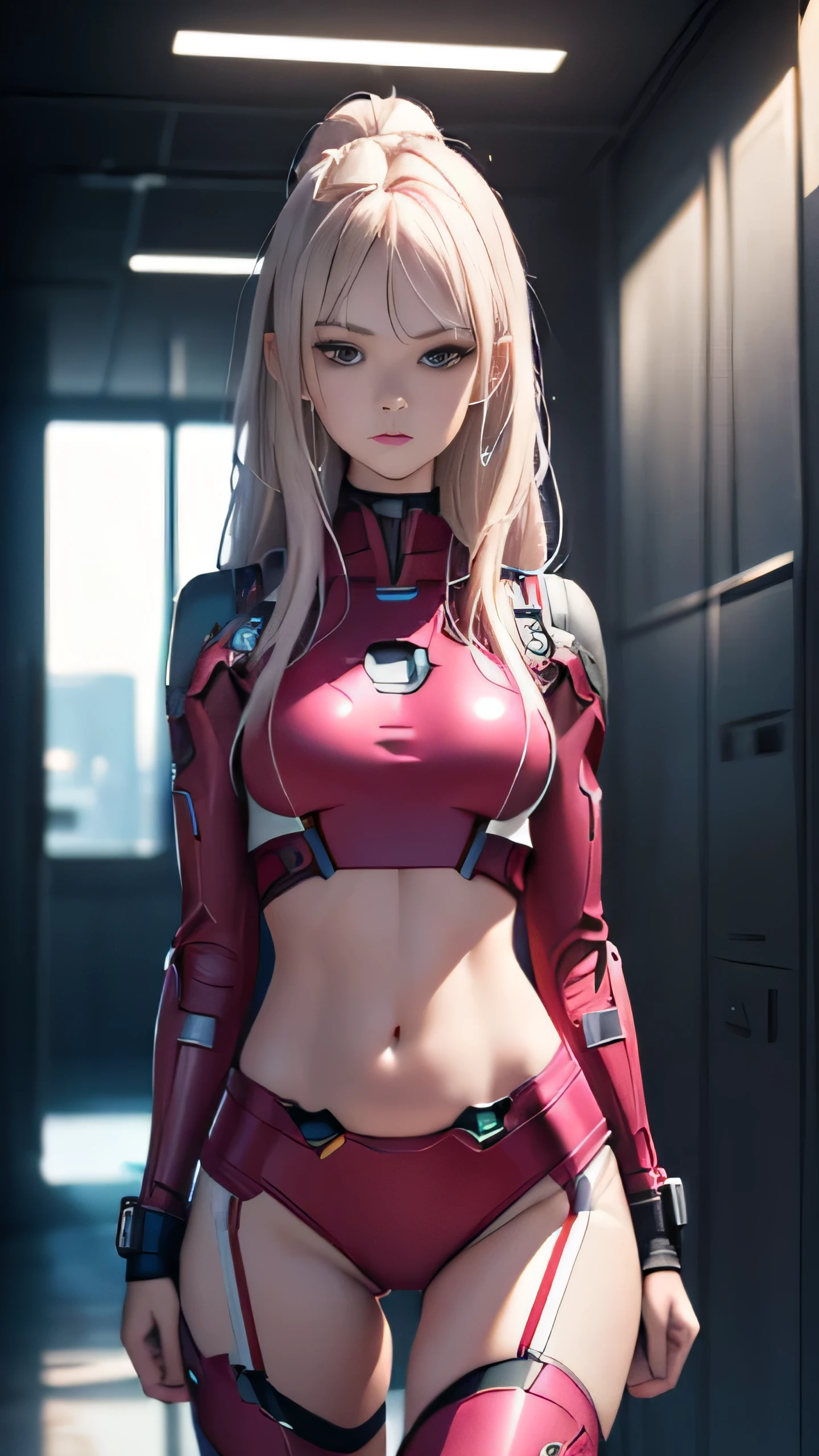((masterpiece, 8K, 3D, Realistic, Super Detail)), (1girl:1.3), slender , Ultra Micro photography, Super realistic, Perfect face, Beautiful features, ((Perfect female body)) Beautiful features, ( body), ((small hip)), Lisa Blackpink as Pink as ironman ((Exposed thigh)), Exposed Skin, Front Full body Shot, full body portrait, futuristic city background