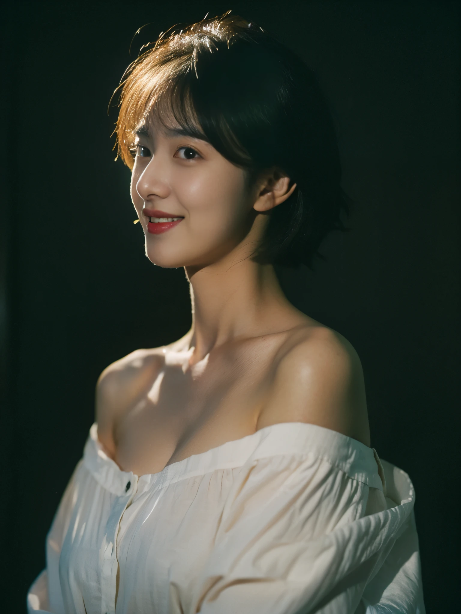 best quality, masterpiece, ultra high resolution, (lifelike:1.5), original photo, 1 girl nude, Off the shoulders, in the darkness, deep shadow, low profile, cold light, sexy look, short hair, big breasts, full-body shot, charming smile