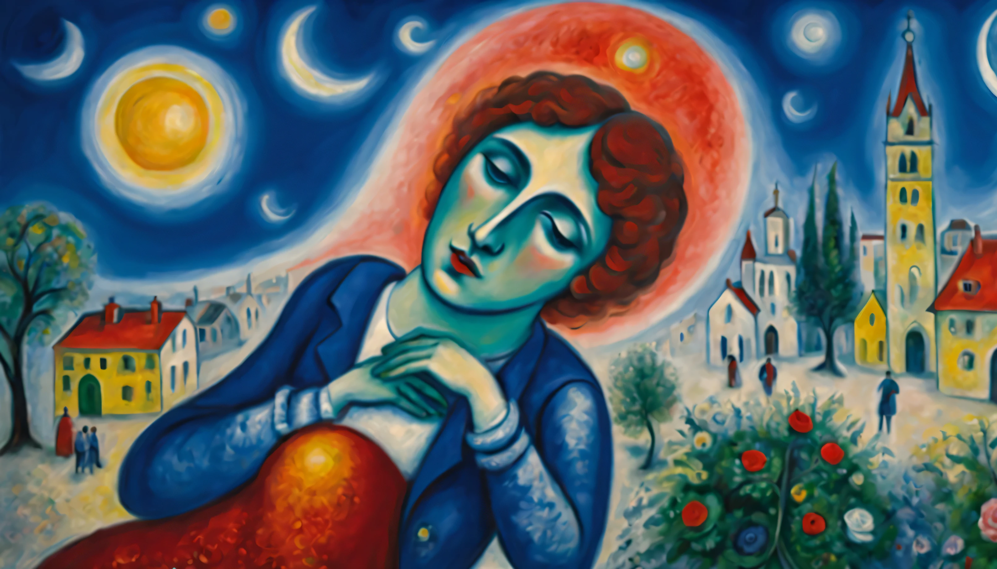 the dream of a poet in love, in the big city at night,((style by Marc Chagall)), magical naive art, primitivism, prototype, ((Best quality, Masterpiece)),
((((Highest detail), Impressionism:1,1, 8K