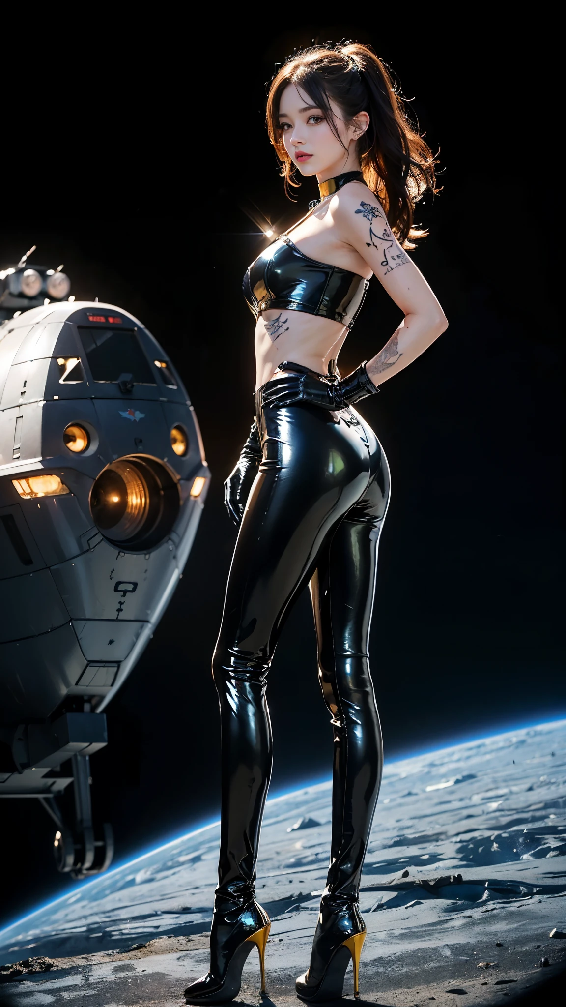 ((masterpiece:1.4)、(highest quality:1.4)、(realistic:1.7))、master piece:1.4、(Finest rendering:1.4)、(Kaoru, the beautiful navigator of Space Battleship Fuji:1.4)、Super beautiful航海士Kaoru、(Written by Luis Royo:1.4)、(Uniforms that highlight your beautiful style:1.2)、(Futuristic sci-fi battle fashion:1.2)、(street style wear)、(tight fit pants)、(Luxurious shiny latex:1.4)、(luxury yellow latex:1.4)、19 years old、(cute tattoo:1.4)、(wearing yellow gloves)、cute girl、Super beautiful、(seductive pose)、sharp focus、portrait photography:1.4、8k、realistic photo images:1.4、(perfect female body:1.4)、perfect proportions、(standing:1.4)、(Upper body photography:1.4)、beautiful face、fearless look、beautiful eyes、(A girl with a beautiful body that emphasizes her slender abdominal muscles)、narrow waist、(9 life size beautiful style girl)、(Beautiful girl with long legs and good style:1.4)、beautiful feet、(long hair:1.2)、dark makeup、eye shadow、Glow eye、glow lip、beautiful breasts、big breasts:1.2、sexy butt、(standing facing forward:1.4)、Raw photo、red lips、Yellow high heels:1.4、choker:1.4、necklace:1.4、earrings:1.4、1 screen display、Space battleship Fuji bridge:1.2