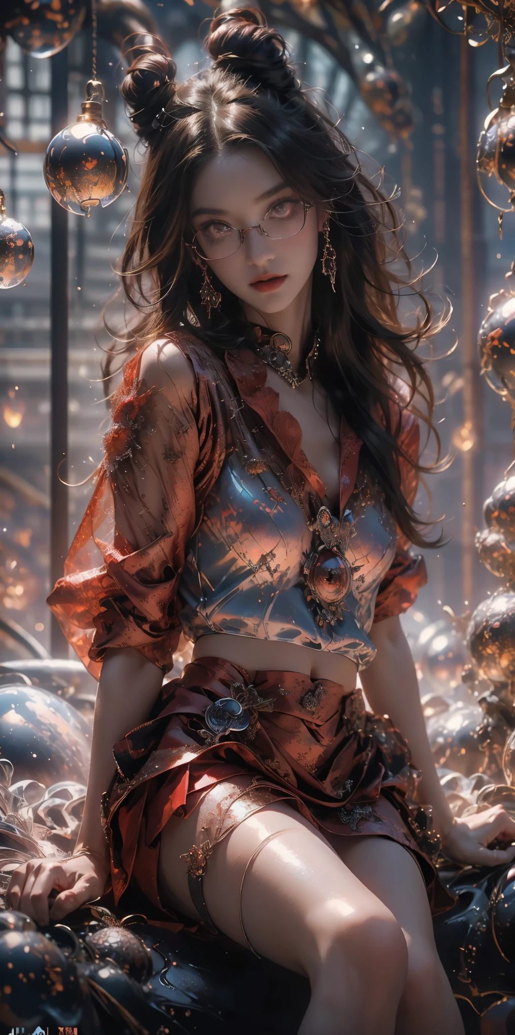 (The best illustrations)、realisitic、ultra-detailliert、The best lighting、Best Shadows、alluring succubus, ethereal beauty, perched on a cloud, (fantasy illustration:1.3), enchanting gaze, captivating pose, delicate wings, otherworldly charm, mystical sky, (Luis Royo:1.2), (Yoshitaka Amano:1.1), Dungeon and Dragon、caves、Dungeon、 A Necromancer、natta、Dark style、Succubus、Devil's Daughter、Bat Wings,(((Demon Hornlack-rimmed round glasses))))、(red eyes glowing:1.6)、beautiful countenance、Tindall Effect、(High Detail Skins:1.2) absurderes、Ponytail distortion、jewely、Beautiful expression、Toned waist、Wide buttocks、Tindall Effectmasuter piece、top-quality、Highest Standards、Top image quality、masutepiece、intricate detailes、High resolution、Depth Field、natural soft light、profetional lighting、Great smile、(High Detail Skin: 1.2)、photorealistic anime girl render、Strong highlights of the eyes、Perfect Anatomy、crotch open、Shy、Spreading your legs、Panties are visible、Skirt flipping、Body shiny with oilerectile nipple))、8K resolution、intricate clothing、Intricate details