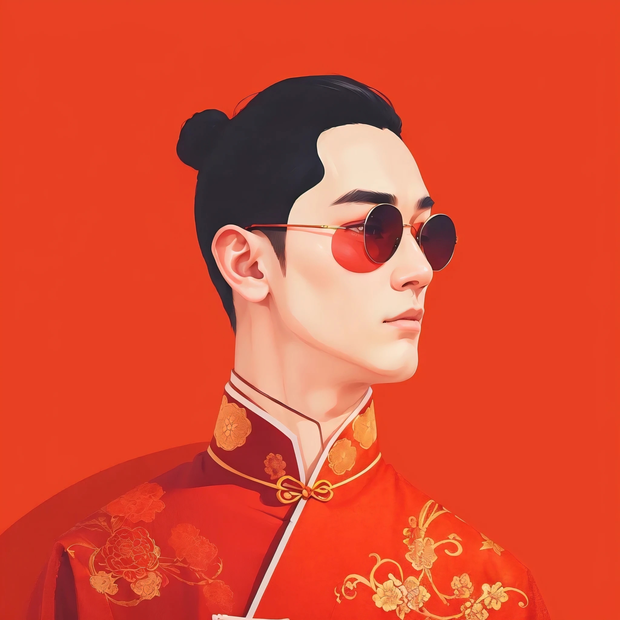 (best quality, masterpiece:1.3), simple minimalist NFT potrait Chinese man wearing traditional ancient chinese clothes, 1990s haircuts style, sunglasses, cinnabar red background, vector art, detailed art in colors, soft colors scheme, perfect likeness, in the style of c-pop idol, various artworks