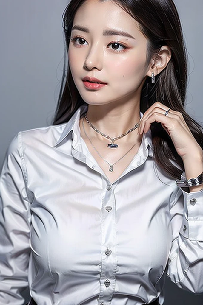 woman in (((white collared shirt with silver necklace))), wearing elegant jewellery, attractive neck, crisp smooth lines