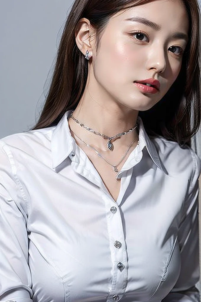 woman in (((white collared shirt with silver necklace))), wearing elegant jewellery, attractive neck, crisp smooth lines
