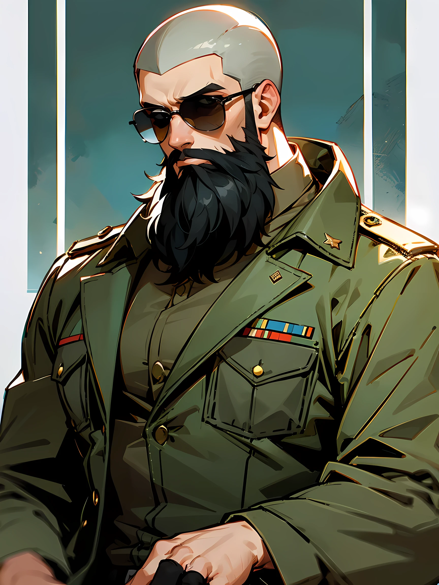 1male, military clothing, buzz cut, muscular, adult, beard, sunglasses, military base