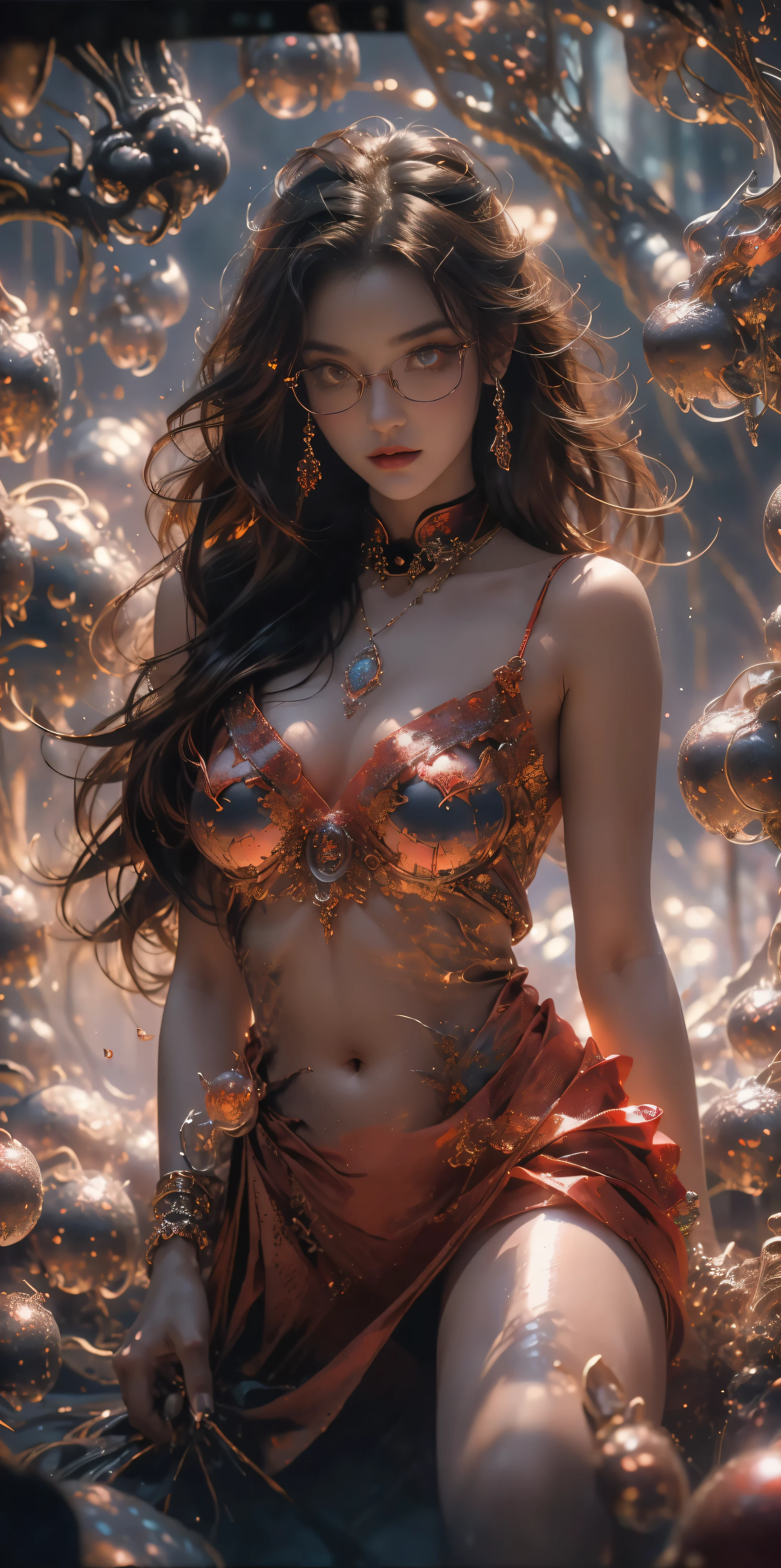 (The best illustrations)、realisitic、ultra-detailliert、The best lighting、Best Shadows、alluring succubus, ethereal beauty, perched on a cloud, (fantasy illustration:1.3), enchanting gaze, captivating pose, delicate wings, otherworldly charm, mystical sky, (Luis Royo:1.2), (Yoshitaka Amano:1.1), Dungeon and Dragon、caves、Dungeon、 A Necromancer、natta、Dark style、Succubus、Devil's Daughter、Bat Wings，(((Demon Hornlack-rimmed round glasses))))、(red eyes glowing:1.6)、​beautiful countenance、Tindall Effect、(High Detail Skins:1.2) absurderes、Ponytail distortion、jewely、Beautiful expression、Toned waist、Wide buttocks、Tindall Effectmasuter piece、top-quality、Highest Standards、Top image quality、masutepiece、intricate detailes、High resolution、Depth Field、natural soft light、profetional lighting、Great smile、(High Detail Skin: 1.2)、photorealistic anime girl render、Strong highlights of the eyes、Perfect Anatomy、crotch open、Shy、Spreading your legs、Panties are visible、Skirt flipping、Body shiny with oilerectile nipple))、8K resolution、intricate clothing、Intricate details