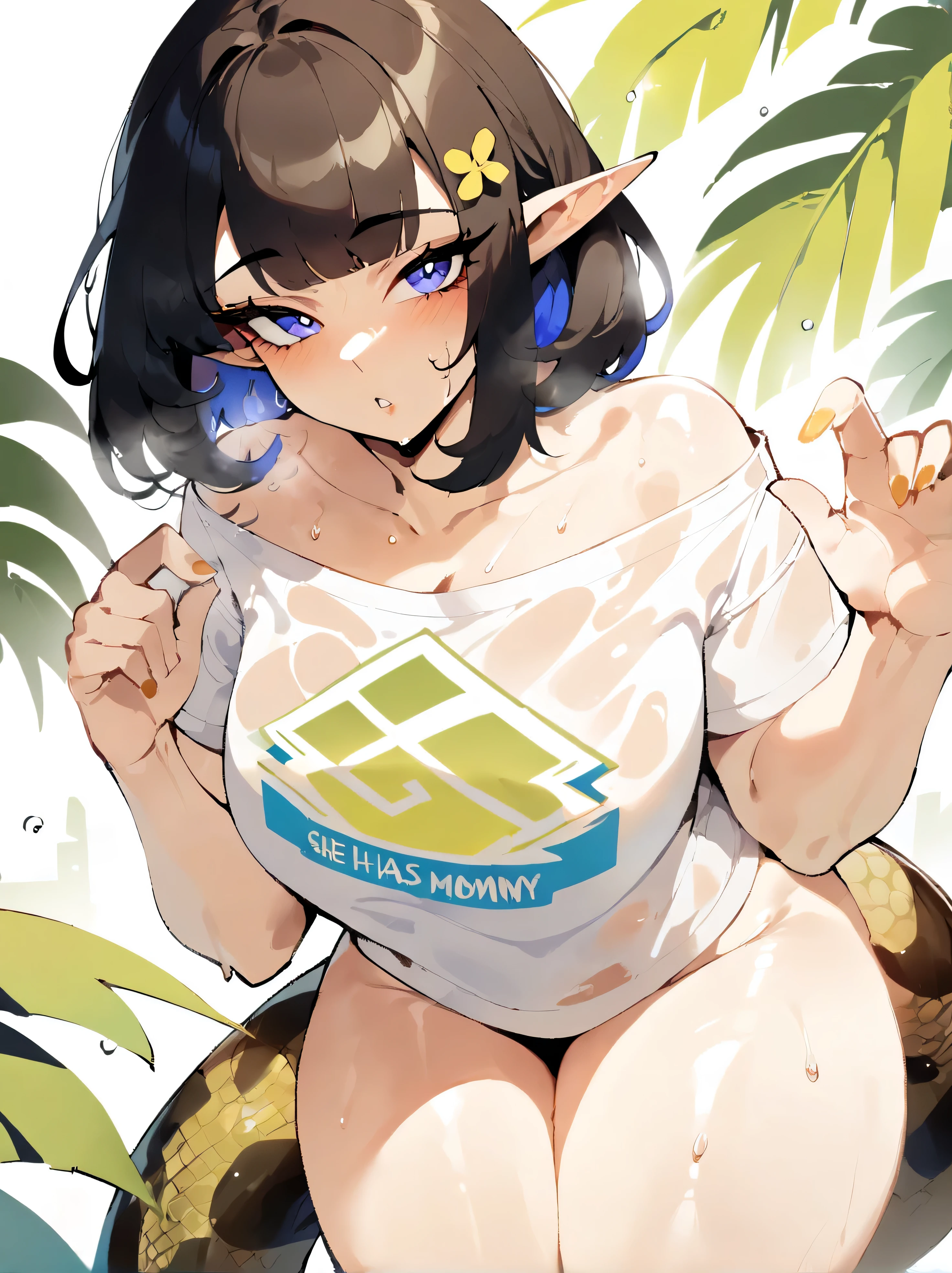 1 girl, Eunectus  \(polar nights\), the ark is a masterpiece, Best quality), newest, ,wet clothes, I look at the viewer,from the nanny, wet clothes, rating:NFV , thick, she has a python tail, black hair, ,nakely transparent t-shirt,, Blue eyes, green, sexual, hender body, pointed ears, short hair, style, Mother, (mature woman:1.