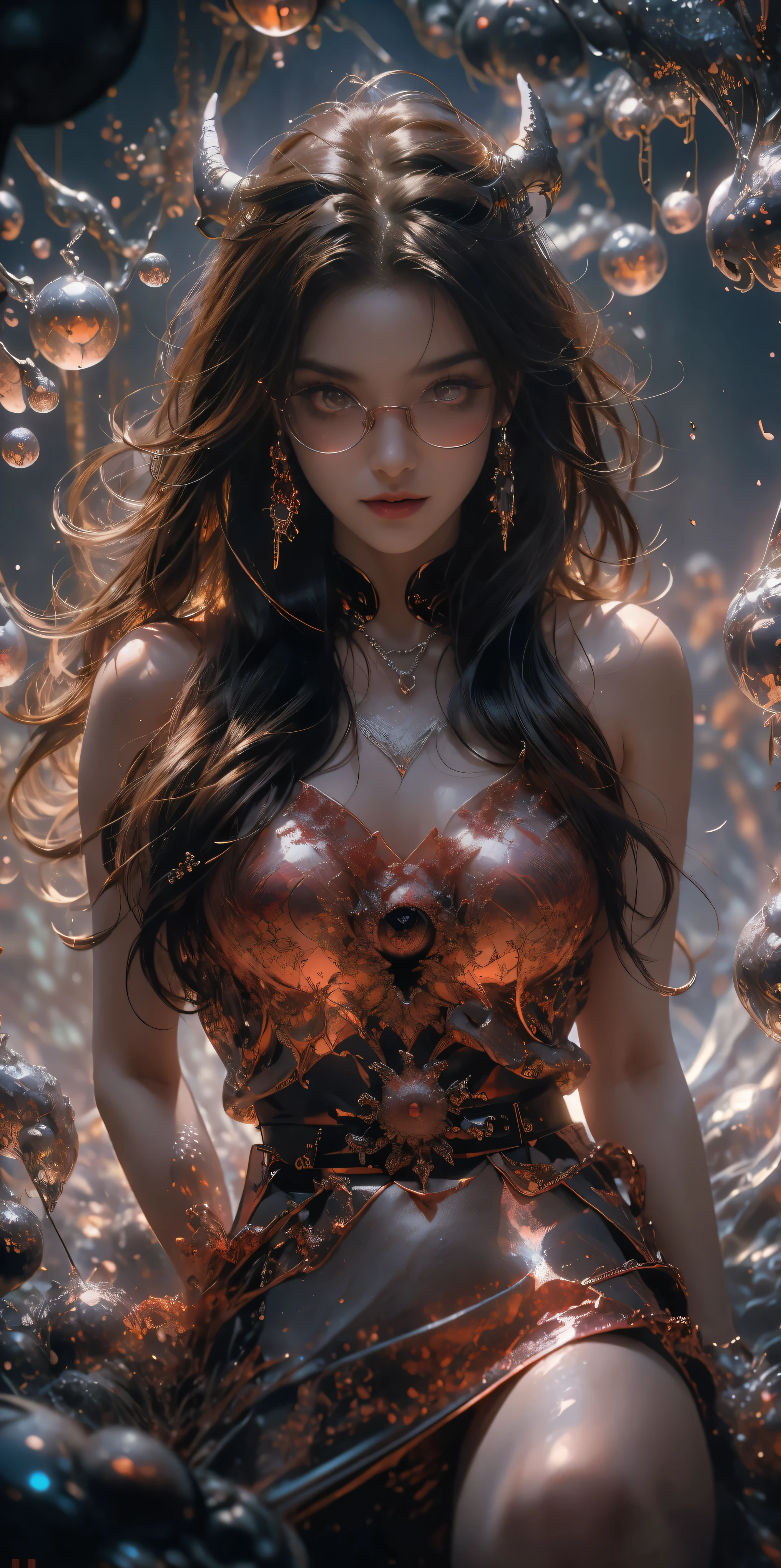 (The best illustrations)、realisitic、ultra-detailliert、The best lighting、Best Shadows、alluring succubus, ethereal beauty, perched on a cloud, (fantasy illustration:1.3), enchanting gaze, captivating pose, delicate wings, otherworldly charm, mystical sky, (Luis Royo:1.2), (Yoshitaka Amano:1.1), Dungeon and Dragon、caves、Dungeon、 A Necromancer、natta、Dark style、Succubus、Devil's Daughter、Bat Wings,(((Demon Hornlack-rimmed round glasses))))、(red eyes glowing:1.6)、beautiful countenance、Tindall Effect、(High Detail Skins:1.2) absurderes、Ponytail distortion、jewely、Beautiful expression、Toned waist、Wide buttocks、Tindall Effectmasuter piece、top-quality、Highest Standards、Top image quality、masutepiece、intricate detailes、High resolution、Depth Field、natural soft light、profetional lighting、Great smile、(High Detail Skin: 1.2)、photorealistic anime girl render、Strong highlights of the eyes、Perfect Anatomy、crotch open、Shy、Spreading your legs、Panties are visible、Skirt flipping、Body shiny with oilerectile nipple))、8K resolution、intricate clothing、Intricate details