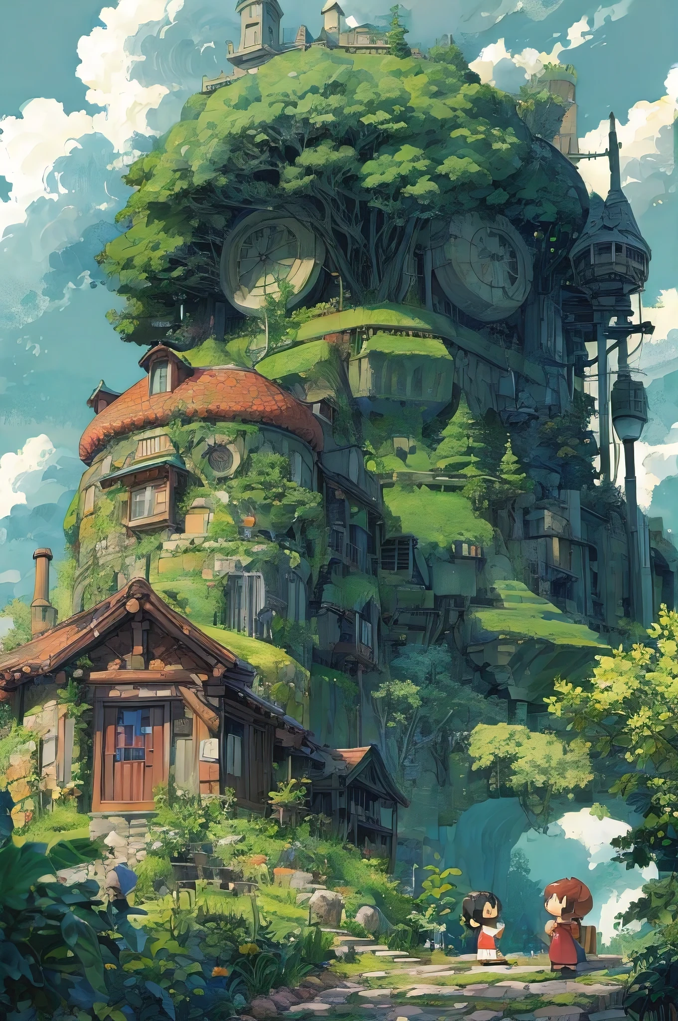 (best quality, masterpiece:1.3), un mini World du studio Ghibli,in the style manga, pixel art, kawaiipunk, sketchy, soft outlines, primitive figurines, kodamas style, fond uni