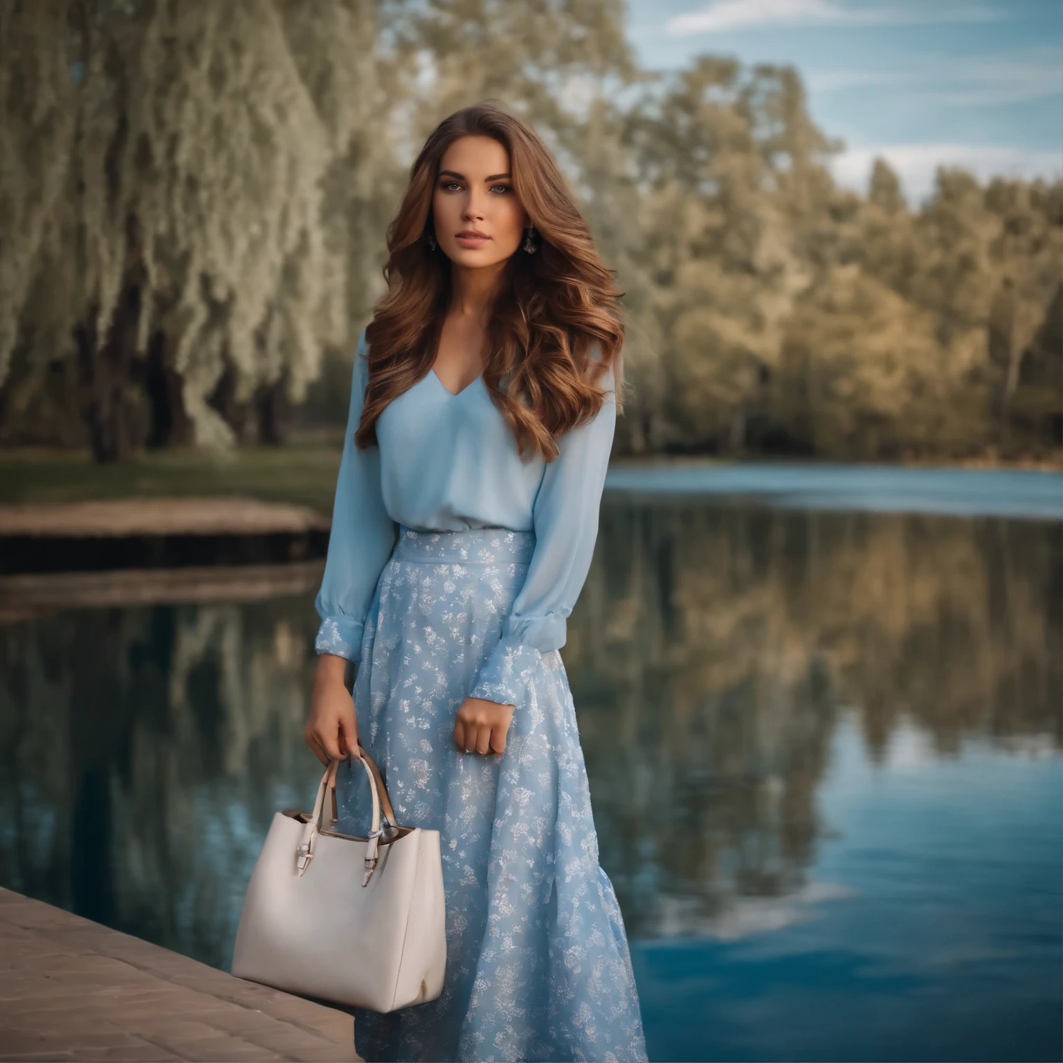 a 25 year old girl with wavy light brown hair, brown eyes. She's wearing a light blue long-sleeved blouse, a white flowery midi skirt, blue pumps, some accessories and a blue bag. She is in a park with a lake