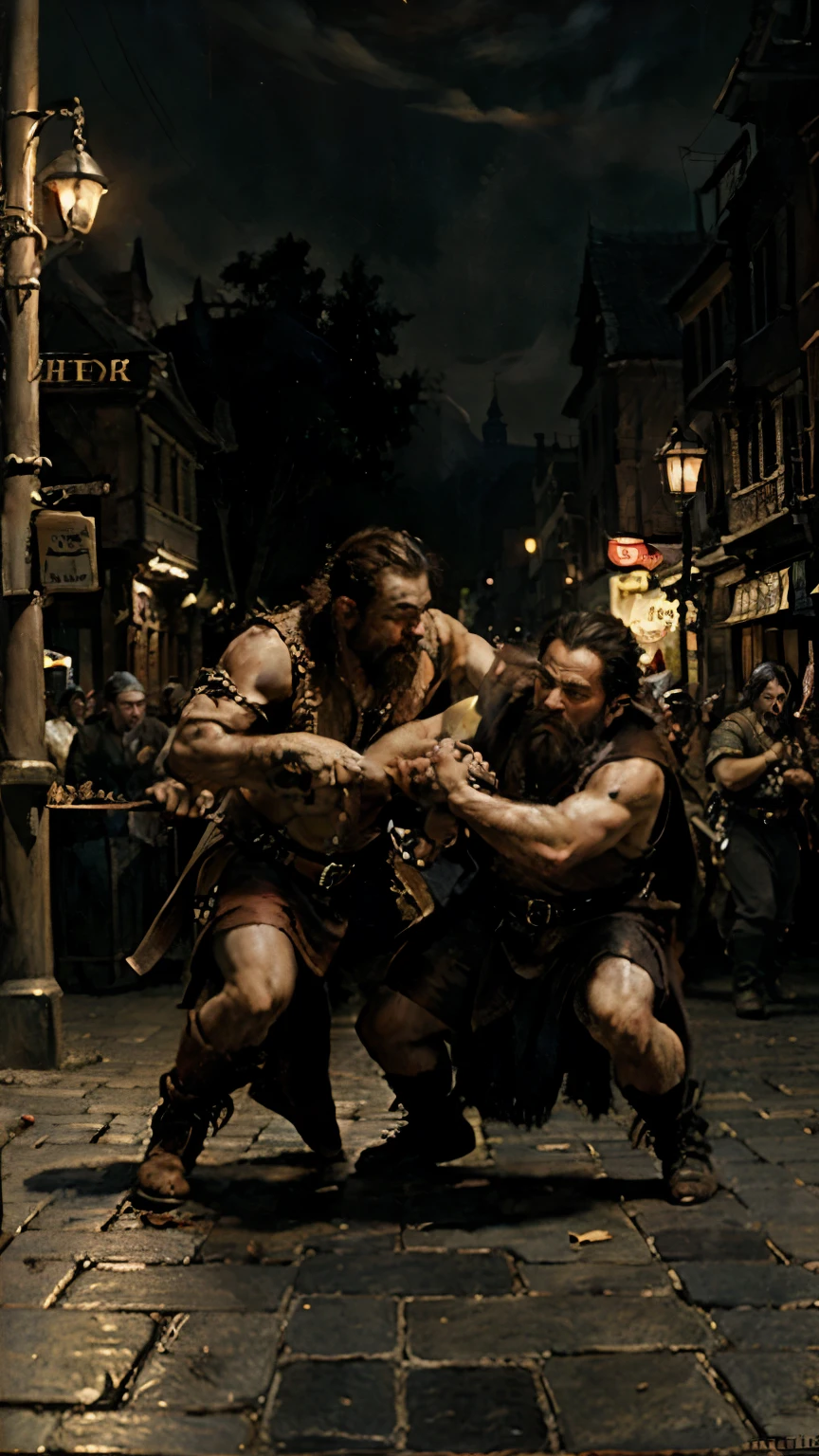 (dark fantasy rpg artwork) a oil painting artwork of two dwarves fighting on the streets at night