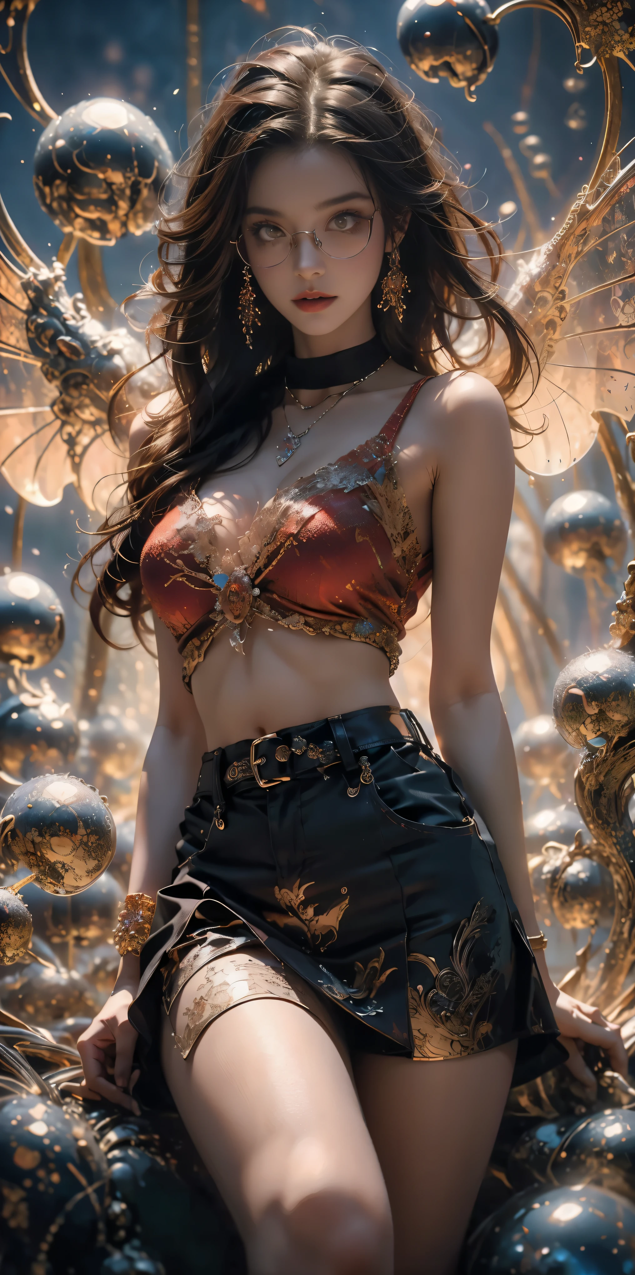 (The best illustrations)、realisitic、ultra-detailliert、The best lighting、Best Shadows、alluring succubus, ethereal beauty, perched on a cloud, (fantasy illustration:1.3), enchanting gaze, captivating pose, delicate wings, otherworldly charm, mystical sky, (Luis Royo:1.2), (Yoshitaka Amano:1.1), Dungeon and Dragon、caves、Dungeon、 A Necromancer、natta、Dark style、Succubus、Devil's Daughter、Bat Wings,(((Demon Hornlack-rimmed round glasses))))、(red eyes glowing:1.6)、beautiful countenance、Tindall Effect、(High Detail Skins:1.2) absurderes、Ponytail distortion、jewely、Beautiful expression、Toned waist、Wide buttocks、Tindall Effectmasuter piece、top-quality、Highest Standards、Top image quality、masutepiece、intricate detailes、High resolution、Depth Field、natural soft light、profetional lighting、Great smile、(High Detail Skin: 1.2)、photorealistic anime girl render、Strong highlights of the eyes、Perfect Anatomy、crotch open、Shy、Spreading your legs、Panties are visible、Skirt flipping、Body shiny with oilerectile nipple))、8K resolution、intricate clothing、Intricate details