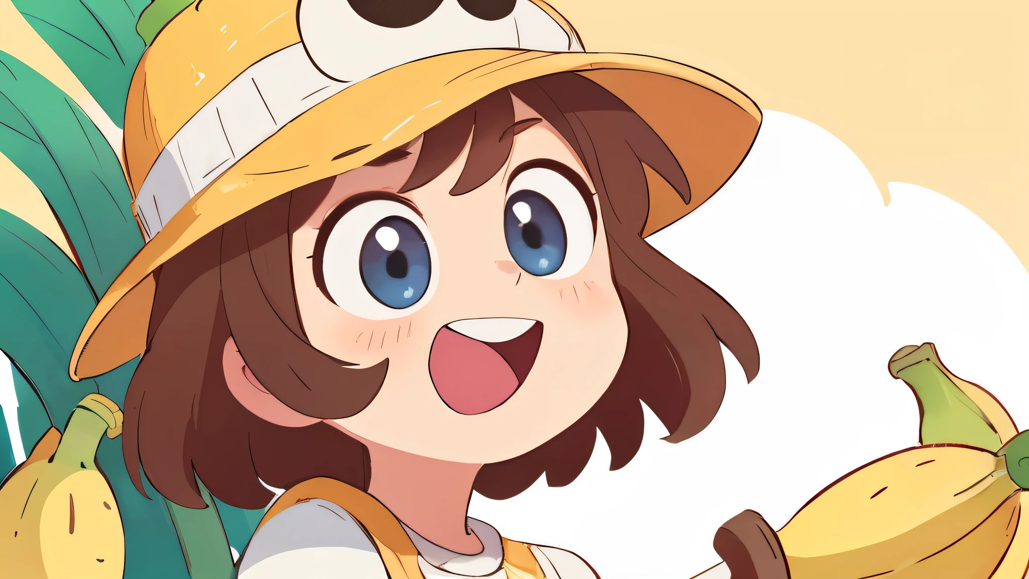 supper happy, banana hat, bananas background pattern, banana tree, yellow background, high detailed, fornite banana costume, shooting, explosion, high contrast, high saturation, guns, bananas, laughing, big eyes, smile, in a close view, front, girly brown hair, blue eyes