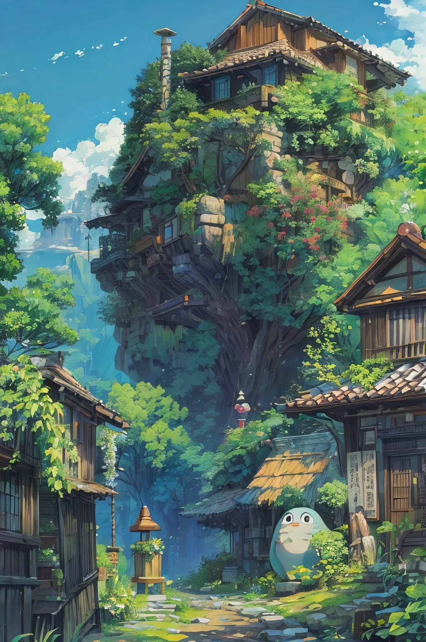 (best quality, masterpiece:1.3), un mini World du studio Ghibli,in the style manga, pixel art, kawaiipunk, sketchy, soft outlines, primitive figurines, kodamas style, fond uni