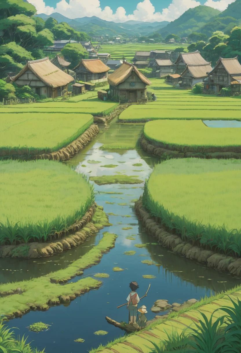 rice paddy, by Studio Ghibli Style, Ghibli color, Miyazaki Hayao style, best quality, masterpiece, Representative work, official art, Professional, Ultra intricate detailed, 8k