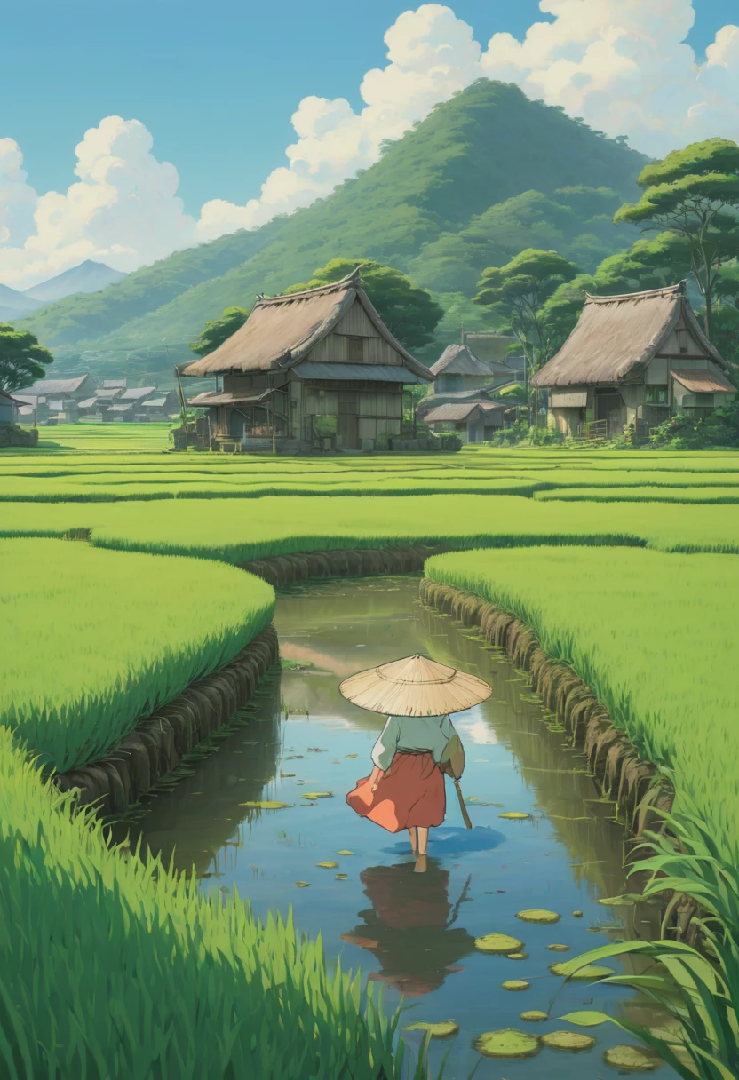 rice paddy, by Alena Aenami, best quality, masterpiece, Representative work, official art, Professional, Ultra intricate detailed, 8k
