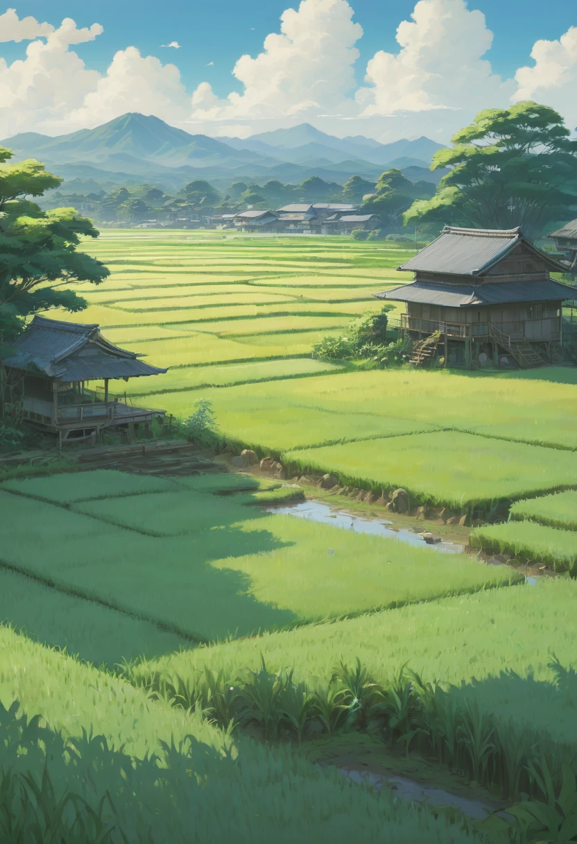 rice paddy, by Makoto Shinkai and Makoto Niitsu style, best quality, masterpiece, Representative work, official art, Professional, Ultra intricate detailed, 8k