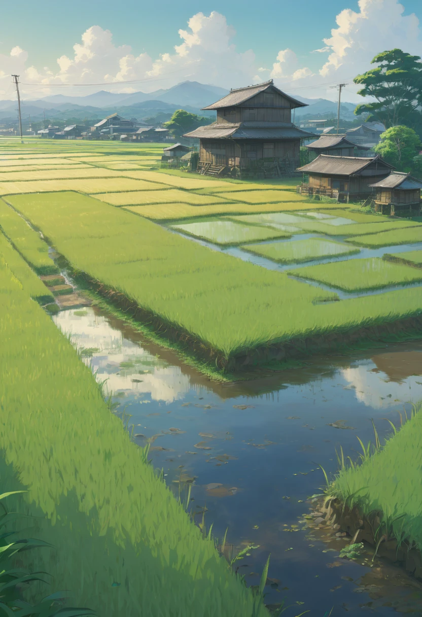 rice paddy, by Makoto Shinkai and Makoto Niitsu style, best quality, masterpiece, Representative work, official art, Professional, Ultra intricate detailed, 8k