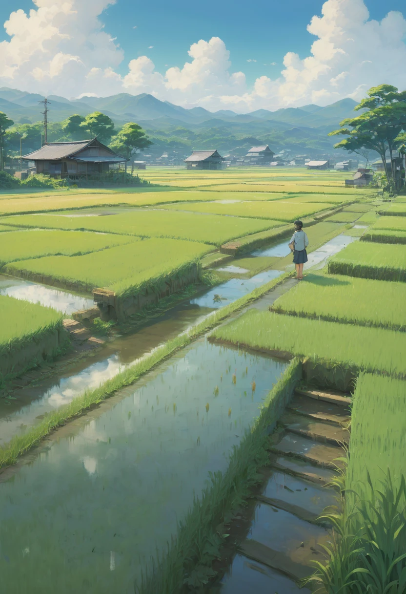 rice paddy, by Makoto Shinkai and Makoto Niitsu style, best quality, masterpiece, Representative work, official art, Professional, Ultra intricate detailed, 8k