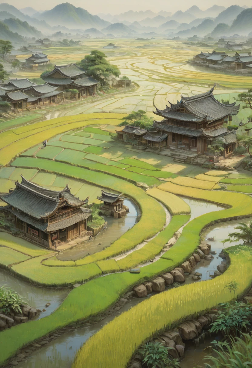 rice paddy, by Alena Aenami, best quality, masterpiece, Representative work, official art, Professional, Ultra intricate detailed, 8k