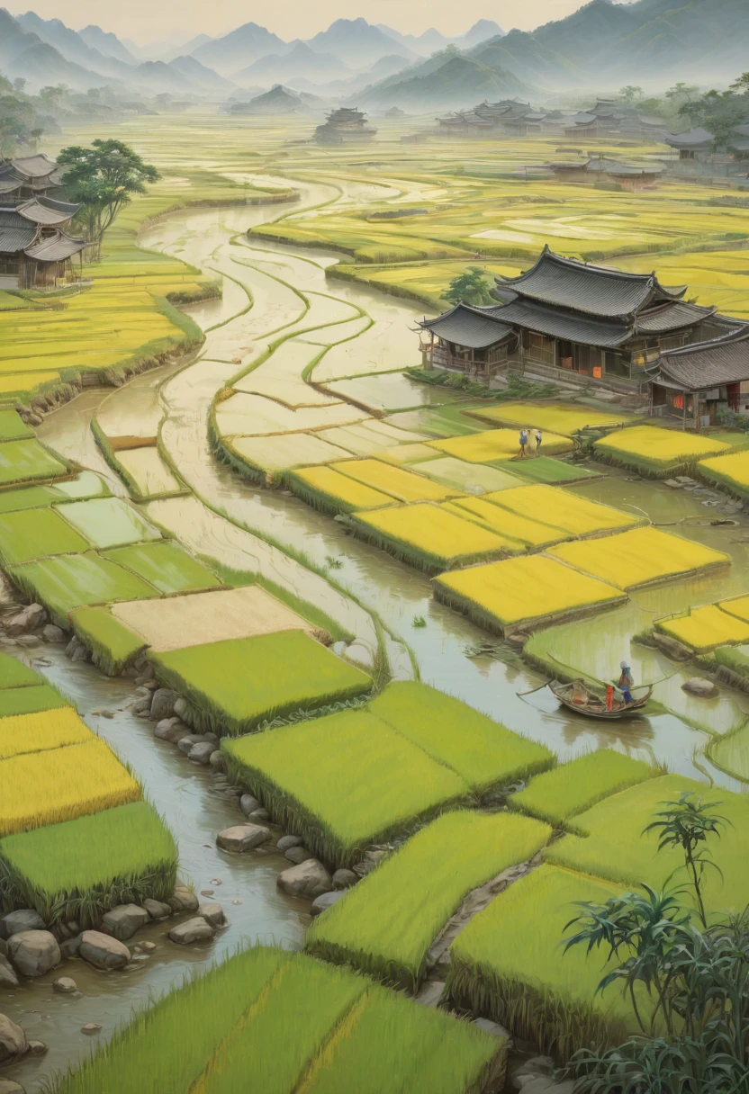 rice paddy, by Song Huizong Zhao Ji, best quality, masterpiece, Representative work, official art, Professional, Ultra intricate detailed, 8k
