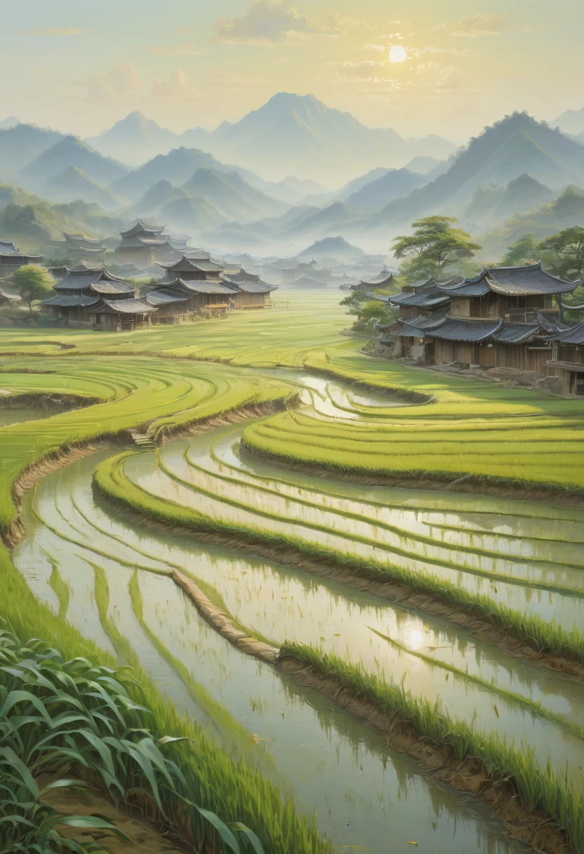 rice paddy, by Song Huizong Zhao Ji, best quality, masterpiece, Representative work, official art, Professional, Ultra intricate detailed, 8k
