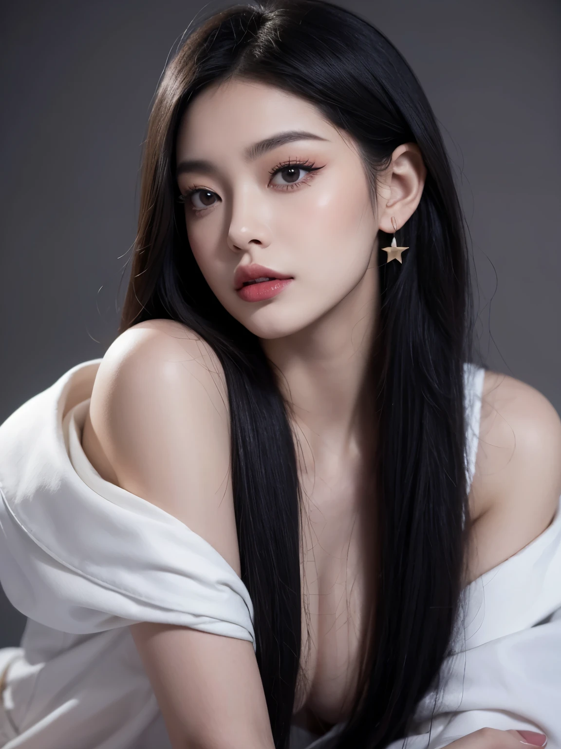 Kim Jennie con el cabello negro oscuro, con rulos en las puntas del cabello negro oscuro, con un ganchito de estrella en el cabello negro oscuro, ojos de color claro, ojos bonitos, nariz bonita y respingada, labios bonitos, labios rosas, heart and cupid shaped lip, piel bonita, pale, white skin, con lunares y pecas en todo el rostro, rubor rosa suave en las mejilla, rubor rosa natural, dark and gothic makeup, Jennie gotica, cuellos bonito, cuello marcado, frown, mirada enojada, con un collar de beso, un collar bonito de beso, mientras muestra sus pechos desnudos, mientras tiene los pezones con dos corazones de papel rosa, tiene los pezonnes con corazones de papel rosa (pechos grandes, pechos suaves, pechos bonitos, pechos naturaleirando a la camara, autofoto 