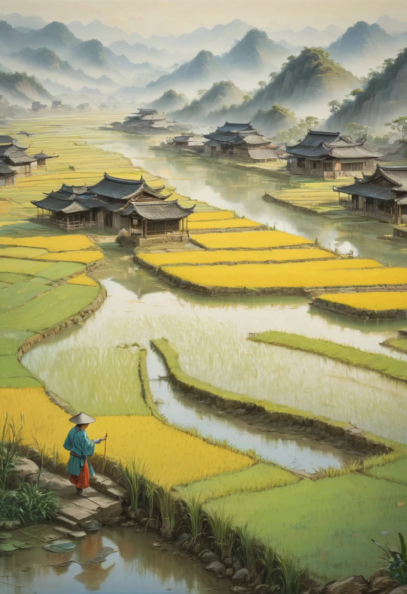 rice paddy, by zhang daqian, best quality, masterpiece, Representative work, official art, Professional, Ultra intricate detailed, 8k