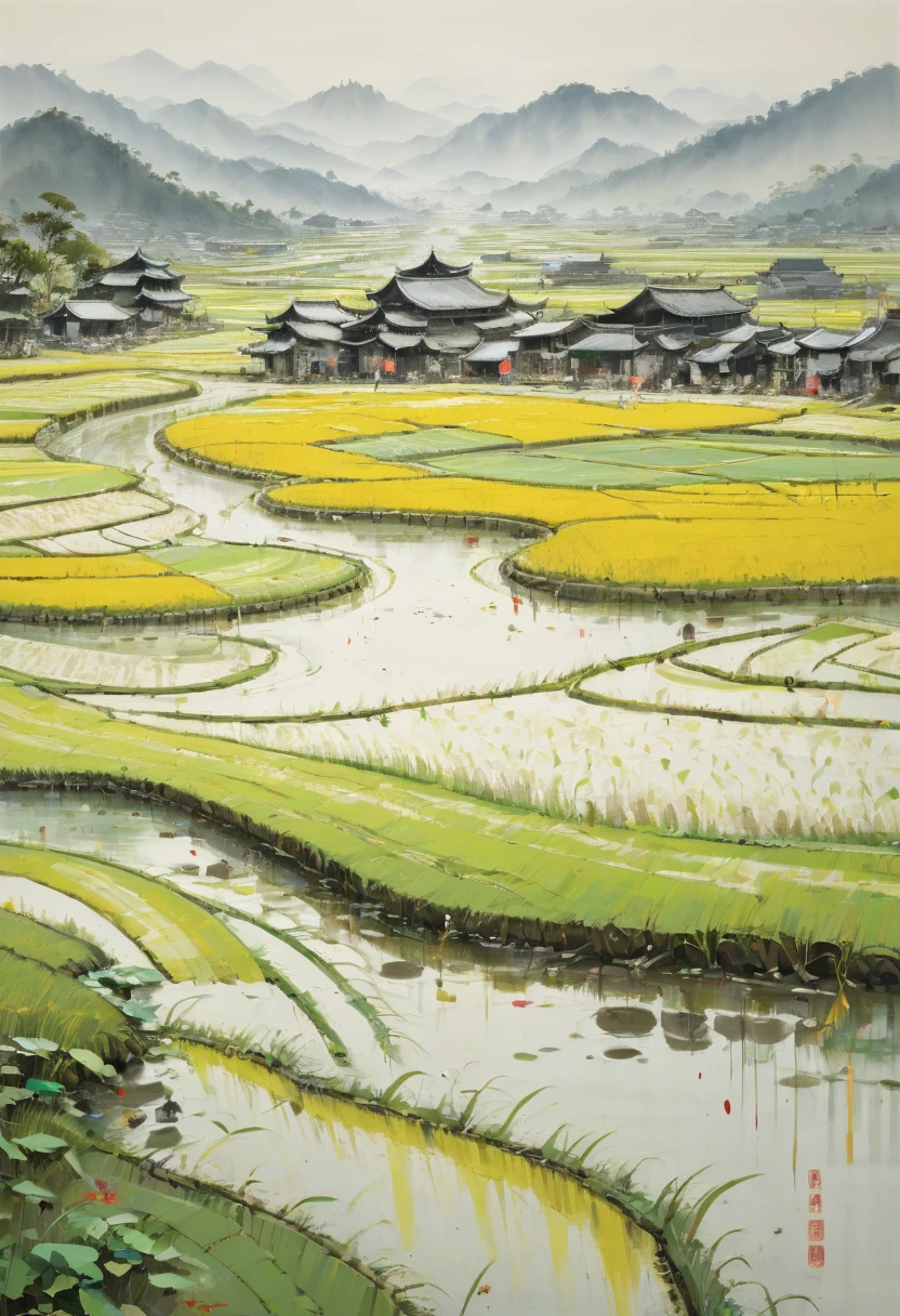 rice paddy, by Wu Guanzhong, best quality, masterpiece, Representative work, official art, Professional, Ultra intricate detailed, 8k