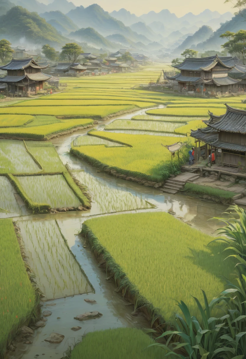 rice paddy, by wu daozi, best quality, masterpiece, Representative work, official art, Professional, Ultra intricate detailed, 8k