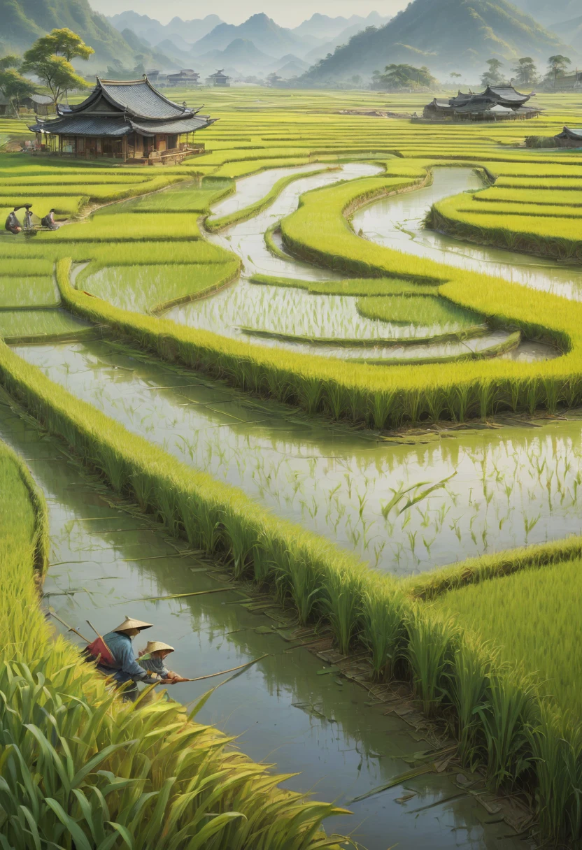 rice paddy, by wu daozi, best quality, masterpiece, Representative work, official art, Professional, Ultra intricate detailed, 8k