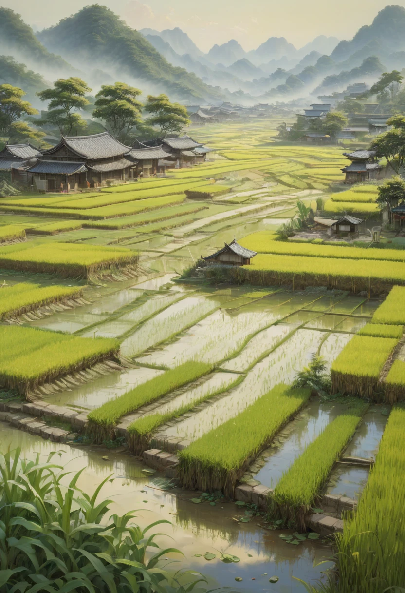 rice paddy, by wu daozi, best quality, masterpiece, Representative work, official art, Professional, Ultra intricate detailed, 8k