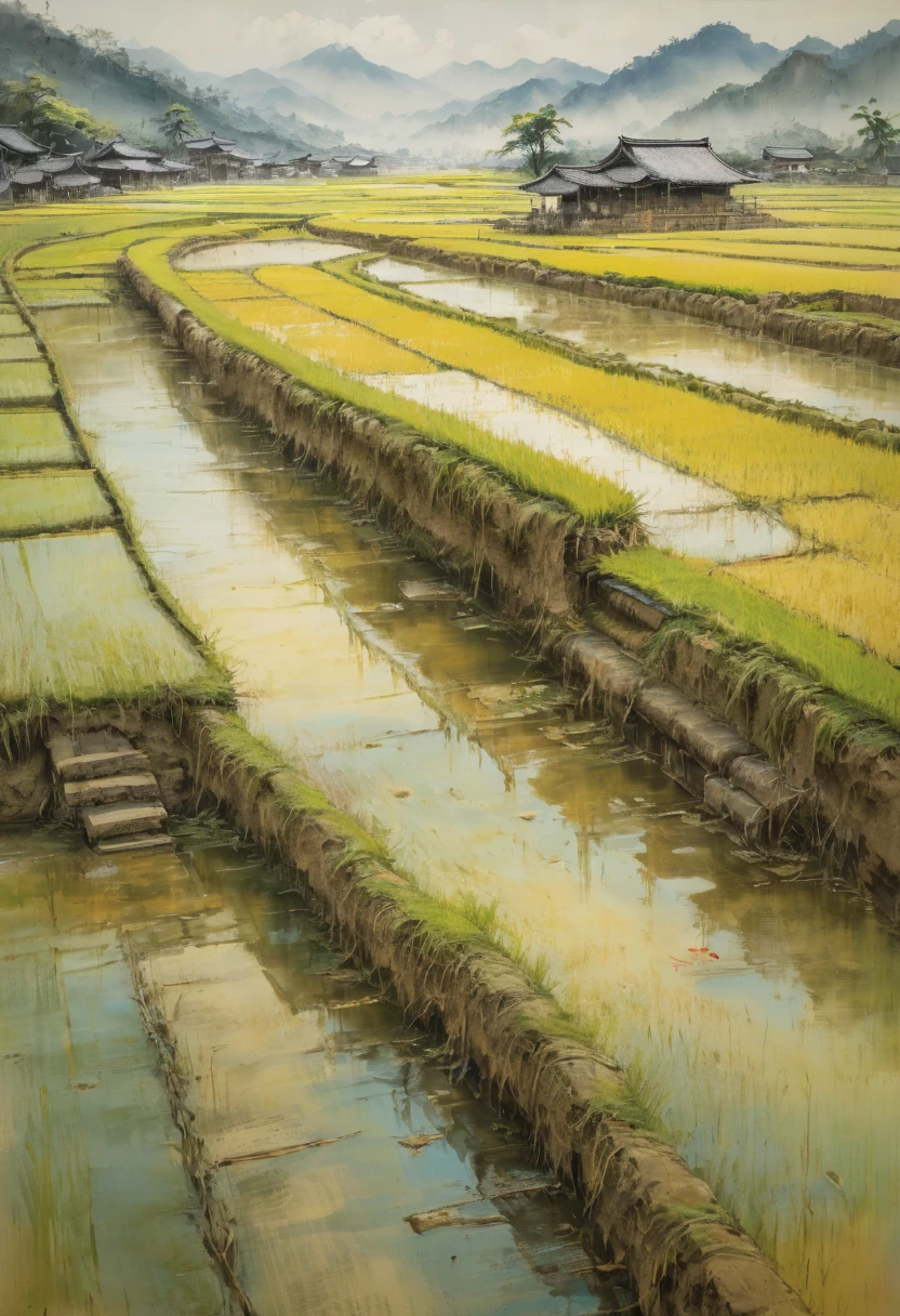 rice paddy, by xu beihong, best quality, masterpiece, Representative work, official art, Professional, Ultra intricate detailed, 8k