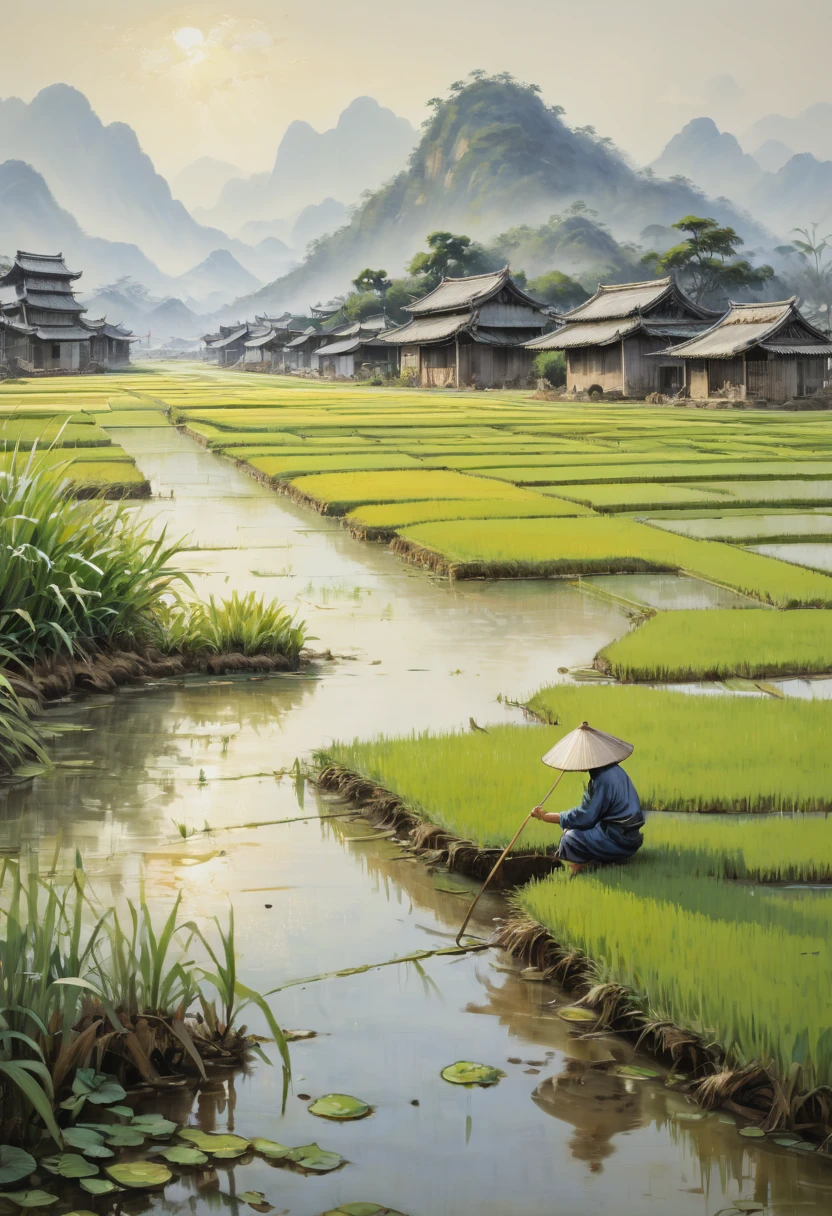 rice paddy, by xu beihong, best quality, masterpiece, Representative work, official art, Professional, Ultra intricate detailed, 8k