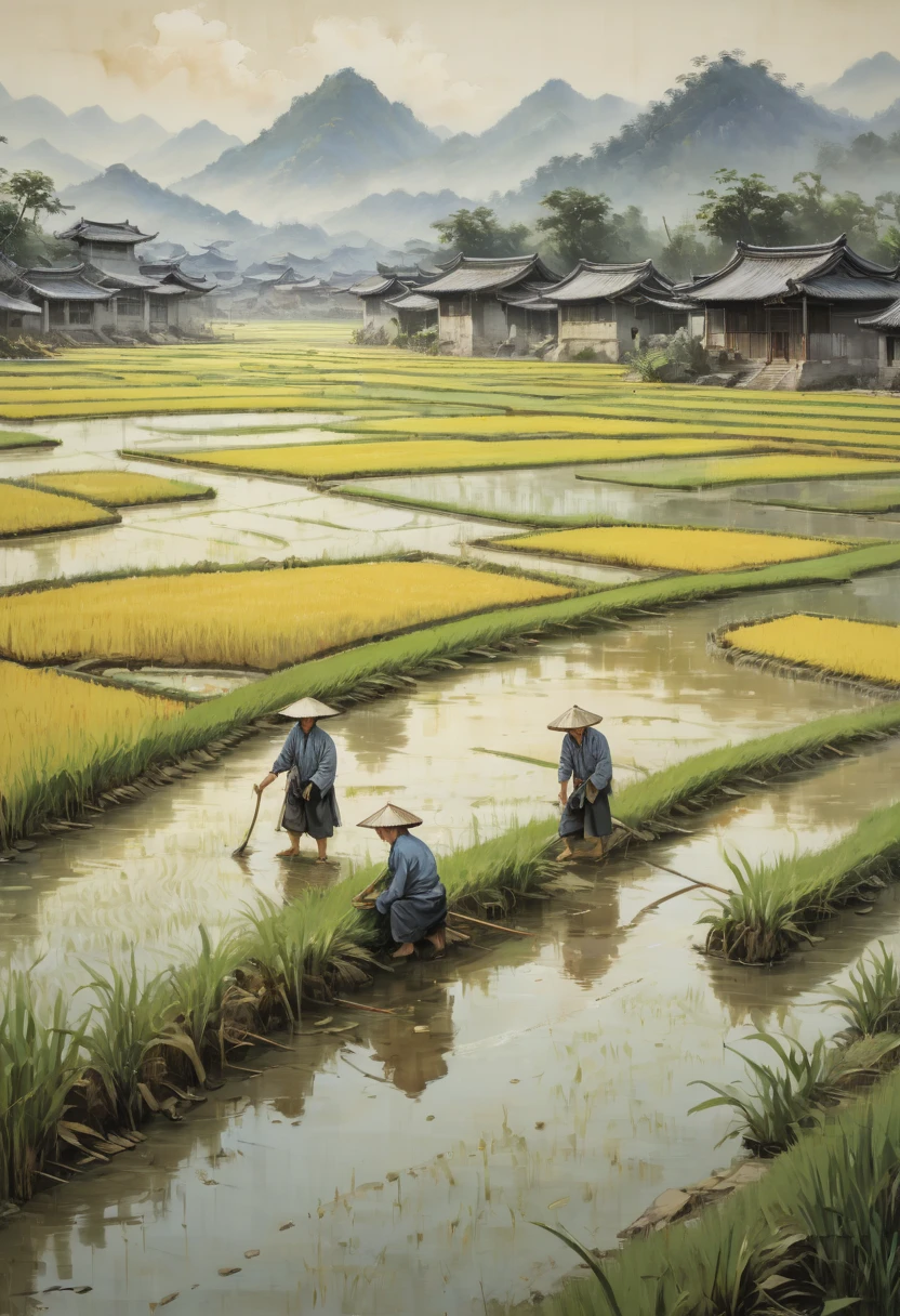 rice paddy, by xu beihong, best quality, masterpiece, Representative work, official art, Professional, Ultra intricate detailed, 8k