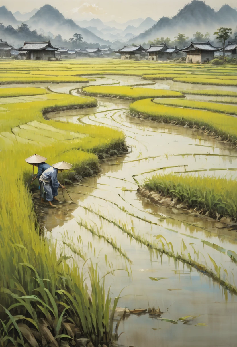 rice paddy, by xu beihong, best quality, masterpiece, Representative work, official art, Professional, Ultra intricate detailed, 8k