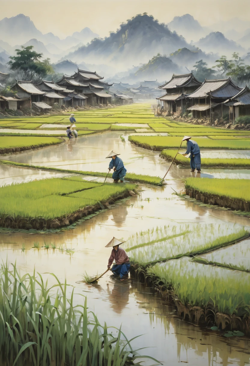 rice paddy, by xu beihong, best quality, masterpiece, Representative work, official art, Professional, Ultra intricate detailed, 8k
