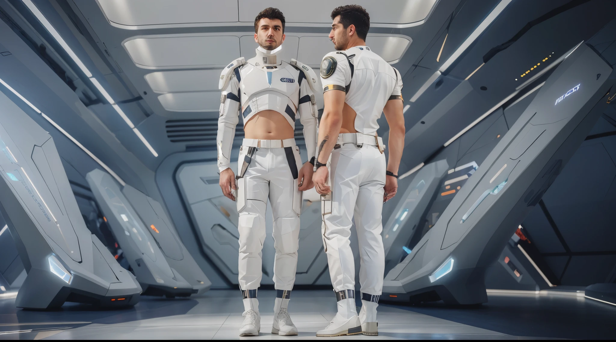 there are two men in white suits standing in a futuristic room, futuristic starship crew member, wearing roupas futuristas, roupas futuristas and helmet, dystopian scifi outfit, traje futurista, vestindo equipamento espacial futurista, roupas futuristas, roupas futuristas, Futuristic technological wear and tear, sci fi futuristic costume, traje espacial moderno, guarda-roupa futurista biopunk, Traje espacial futurista, em armadura futurista branca