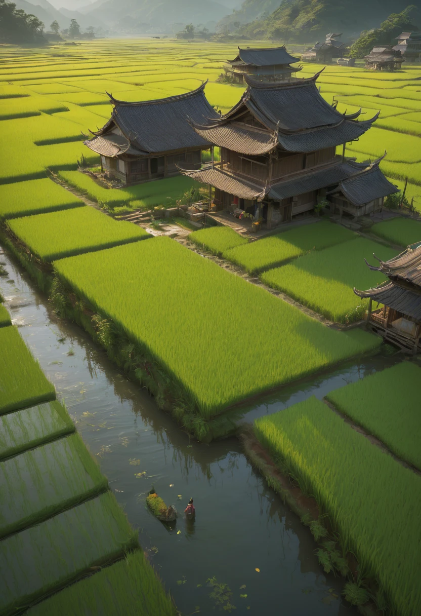 rice paddy, by cgsociety and fenghua zhong, best quality, masterpiece, Representative work, official art, Professional, Ultra intricate detailed, 8k