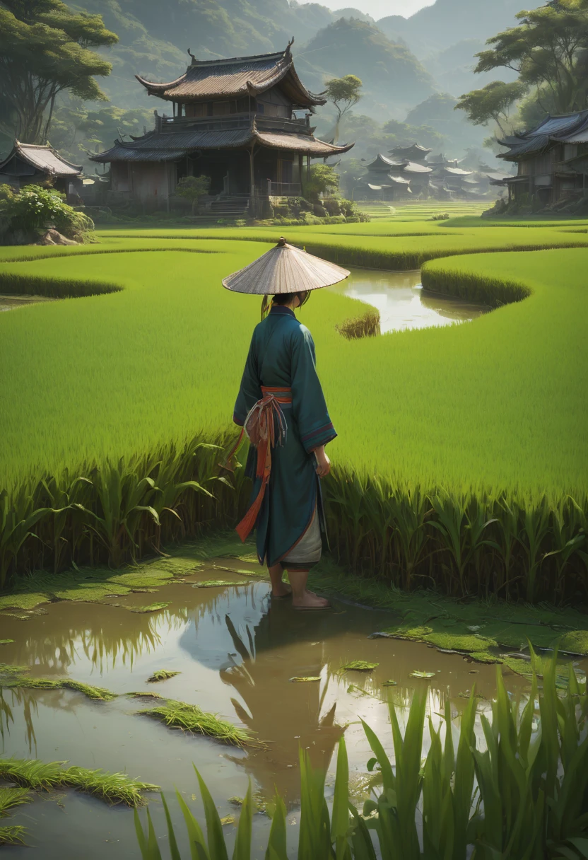rice paddy, by xu beihong, best quality, masterpiece, Representative work, official art, Professional, Ultra intricate detailed, 8k