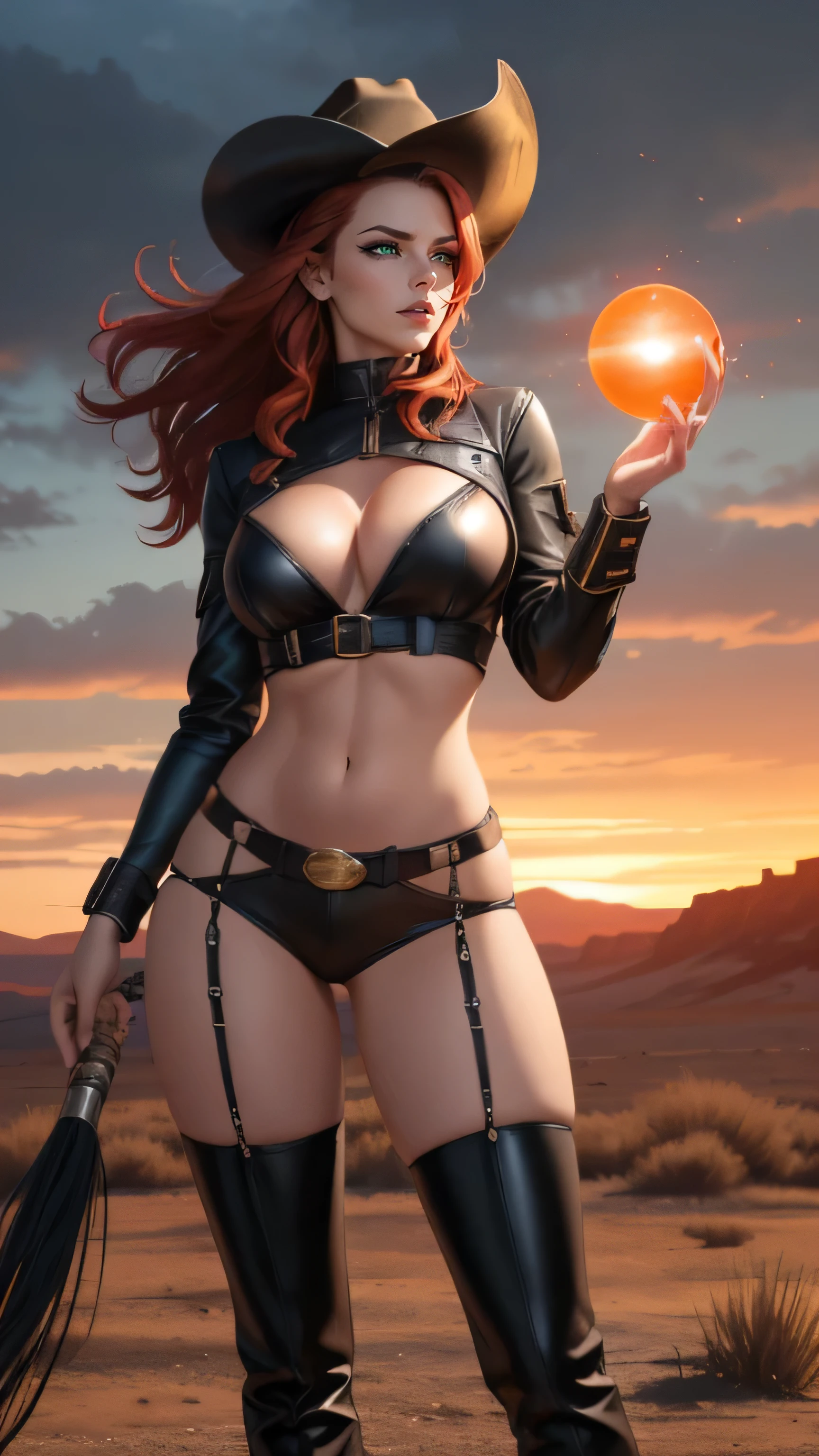 boots and (a) whip, holding a (glowing,energy) orb in her hand, standing in a desolate (wild) west landscape under a dramatic (sunset) sky. The cowgirl has (fiery) red hair, (mesmerizing) green eyes, and wears a (tight,fitting) black leather outfit with (silver) studs. Her lips are painted in a (deep,scarlet) red color, adding to her seductive appearance. The scene is illuminated by a (warm) golden light, casting long shadows on the gritty ground. The cowgirl exudes confidence and power, ready to unleash her (sinister) plans onto the world.
