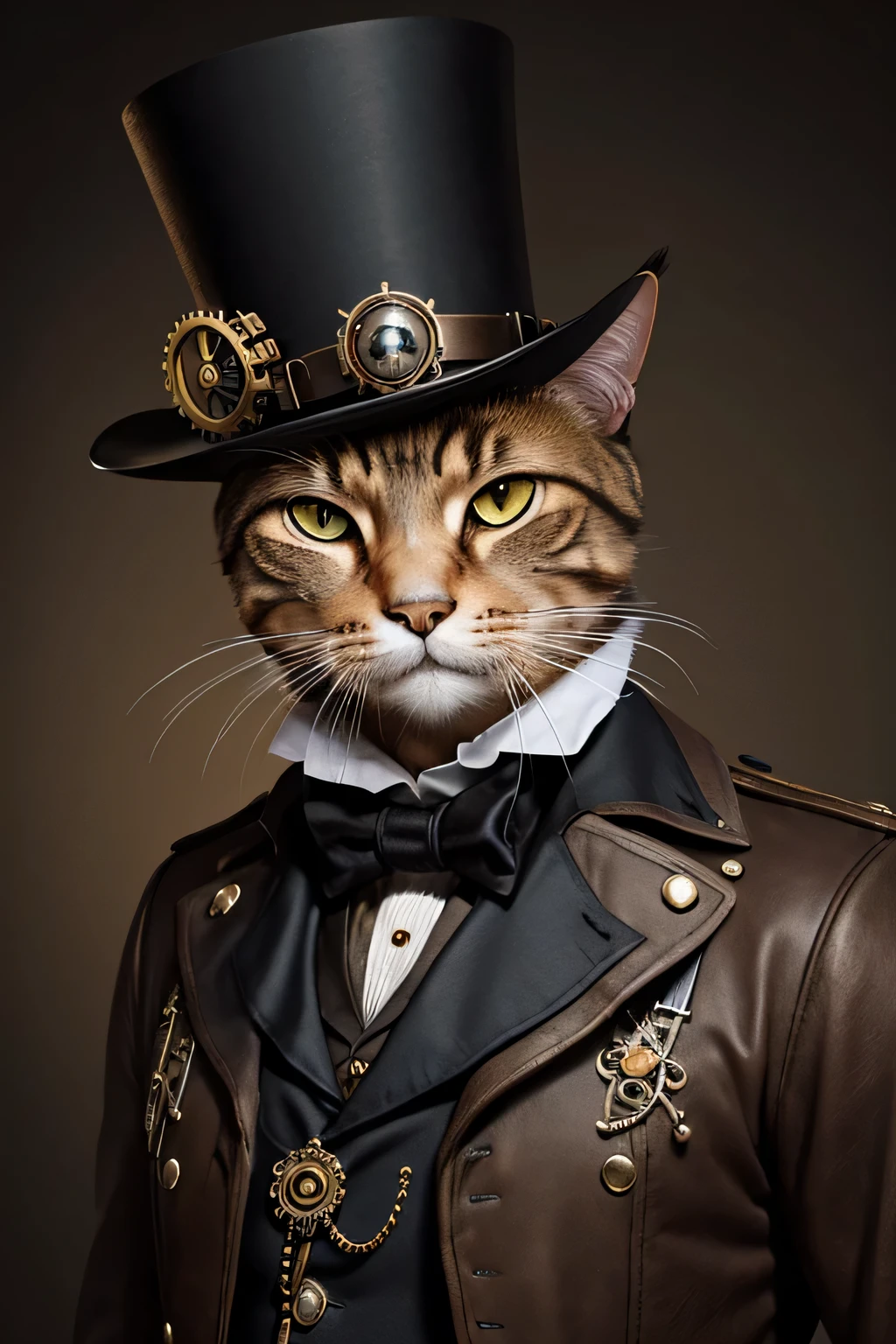 create an ultra realistic image of a steampunk cat, wearing a high hat and monocle,