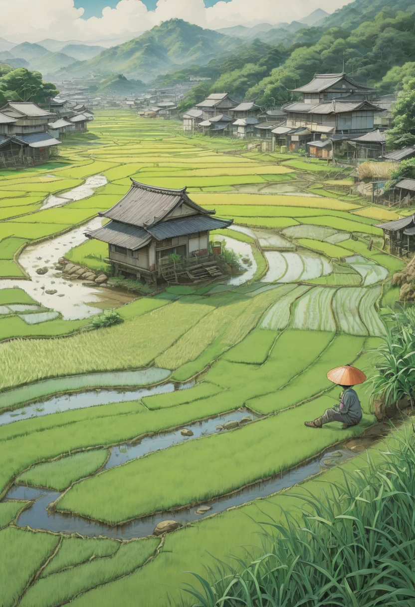 rice paddy, by Naoki Urasawa, best quality, masterpiece, Representative work, official art, Professional, Ultra intricate detailed, 8k