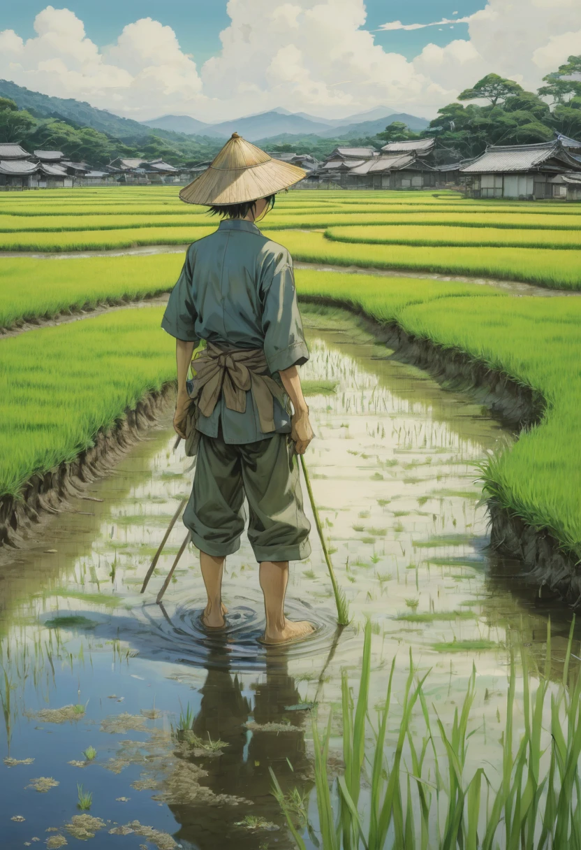 rice paddy, by Naoki Urasawa, best quality, masterpiece, Representative work, official art, Professional, Ultra intricate detailed, 8k
