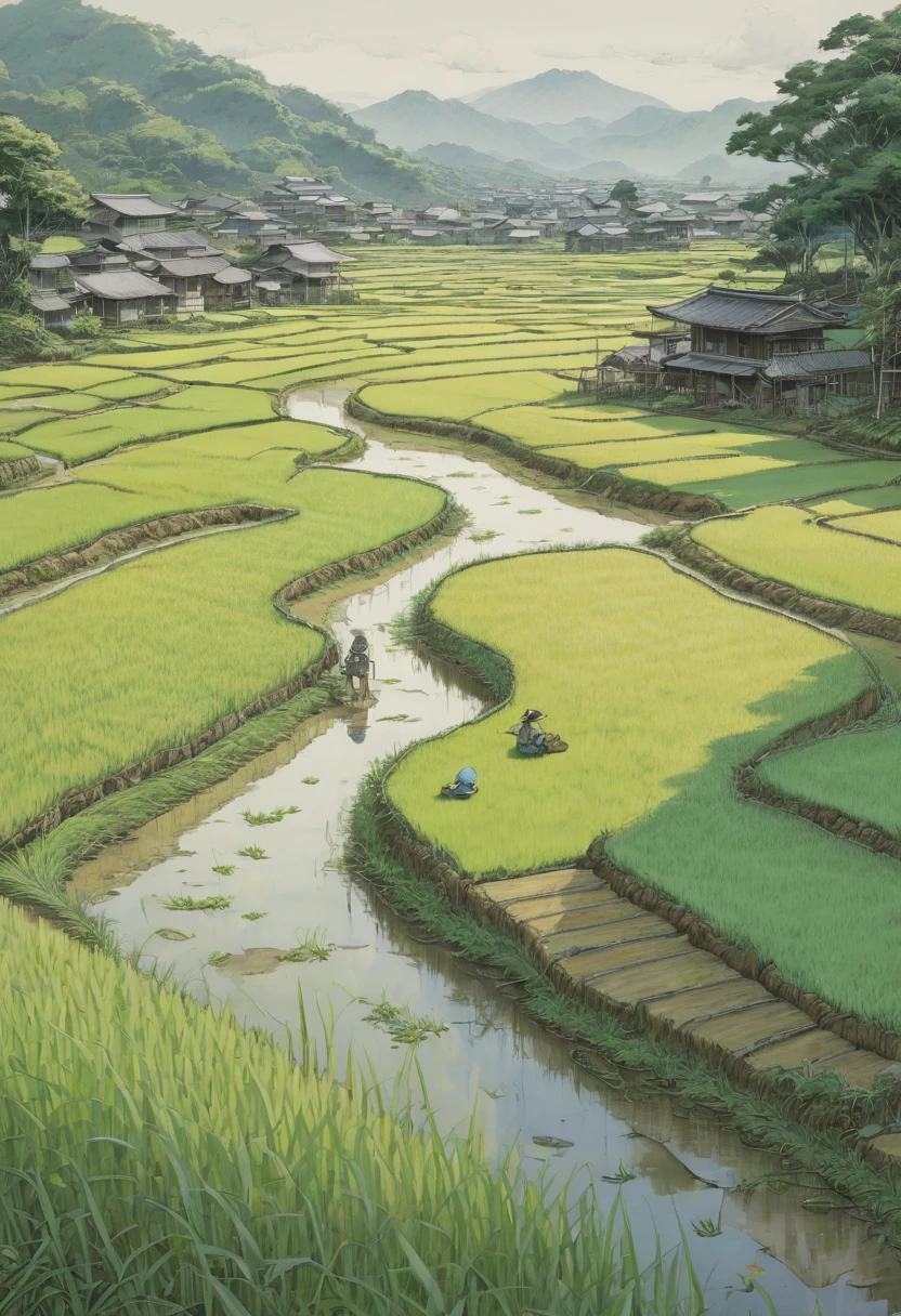 rice paddy, by Naoki Urasawa, best quality, masterpiece, Representative work, official art, Professional, Ultra intricate detailed, 8k