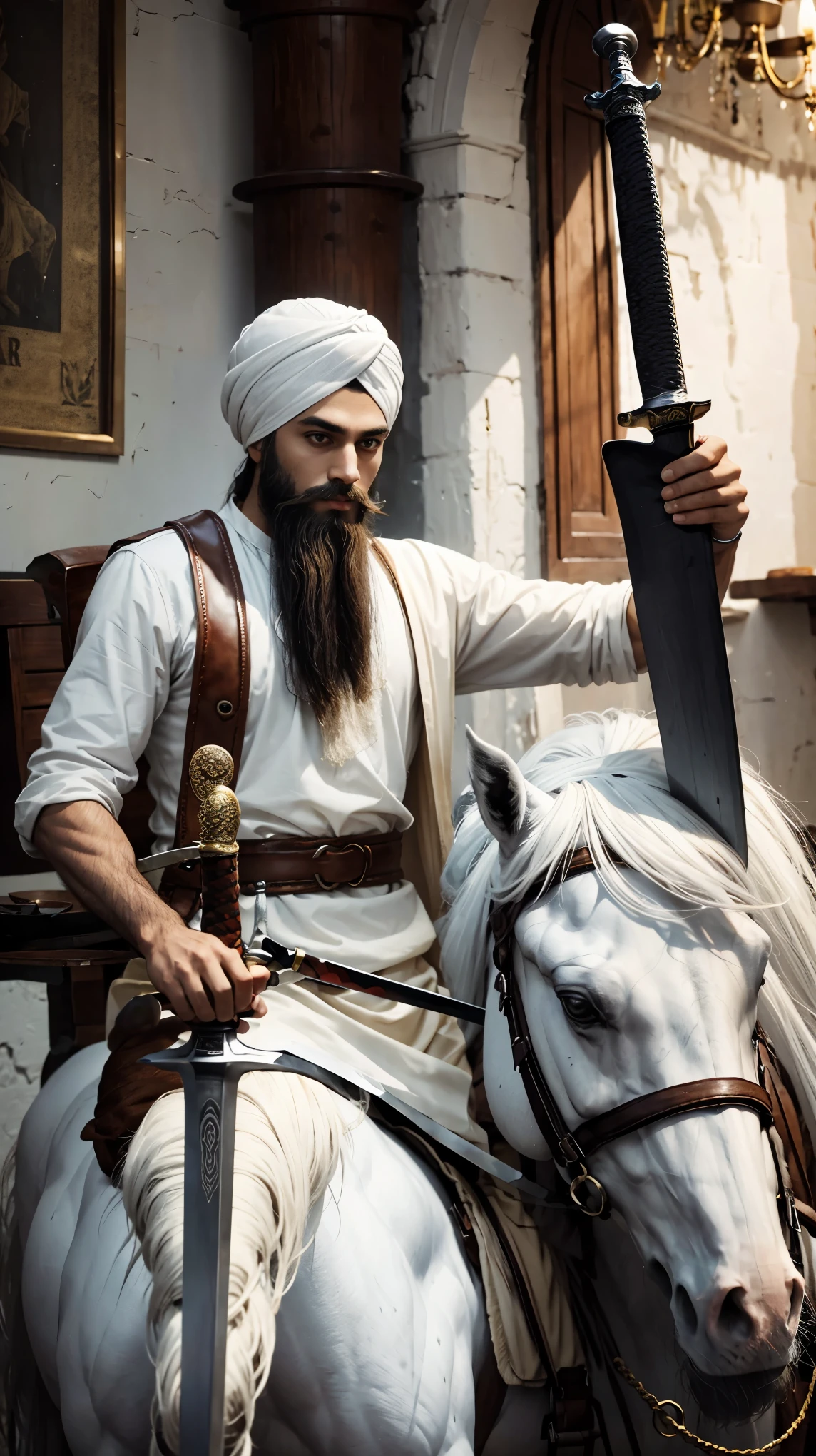Turban with beard and a sword sitting in the white horse