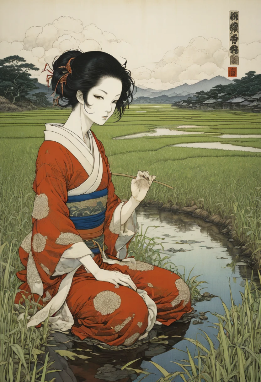 rice paddy, by Takato Yamamoto, best quality, masterpiece, Representative work, official art, Professional, Ultra intricate detailed, 8k